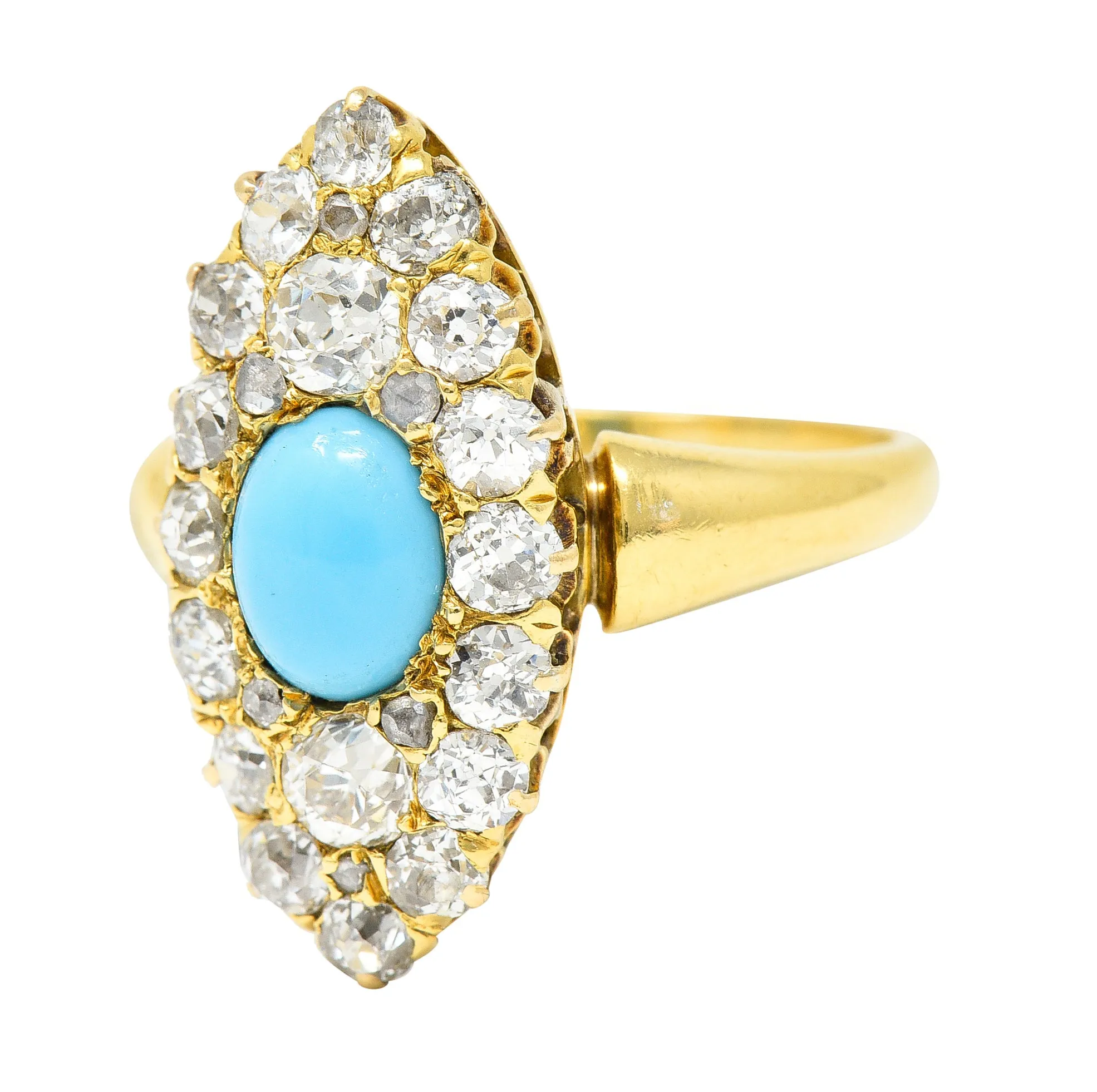 Victorian 1.68 CTW Old European Cut Diamond Turquoise 18 Karat Yellow Gold Antique Navette Cluster Ring