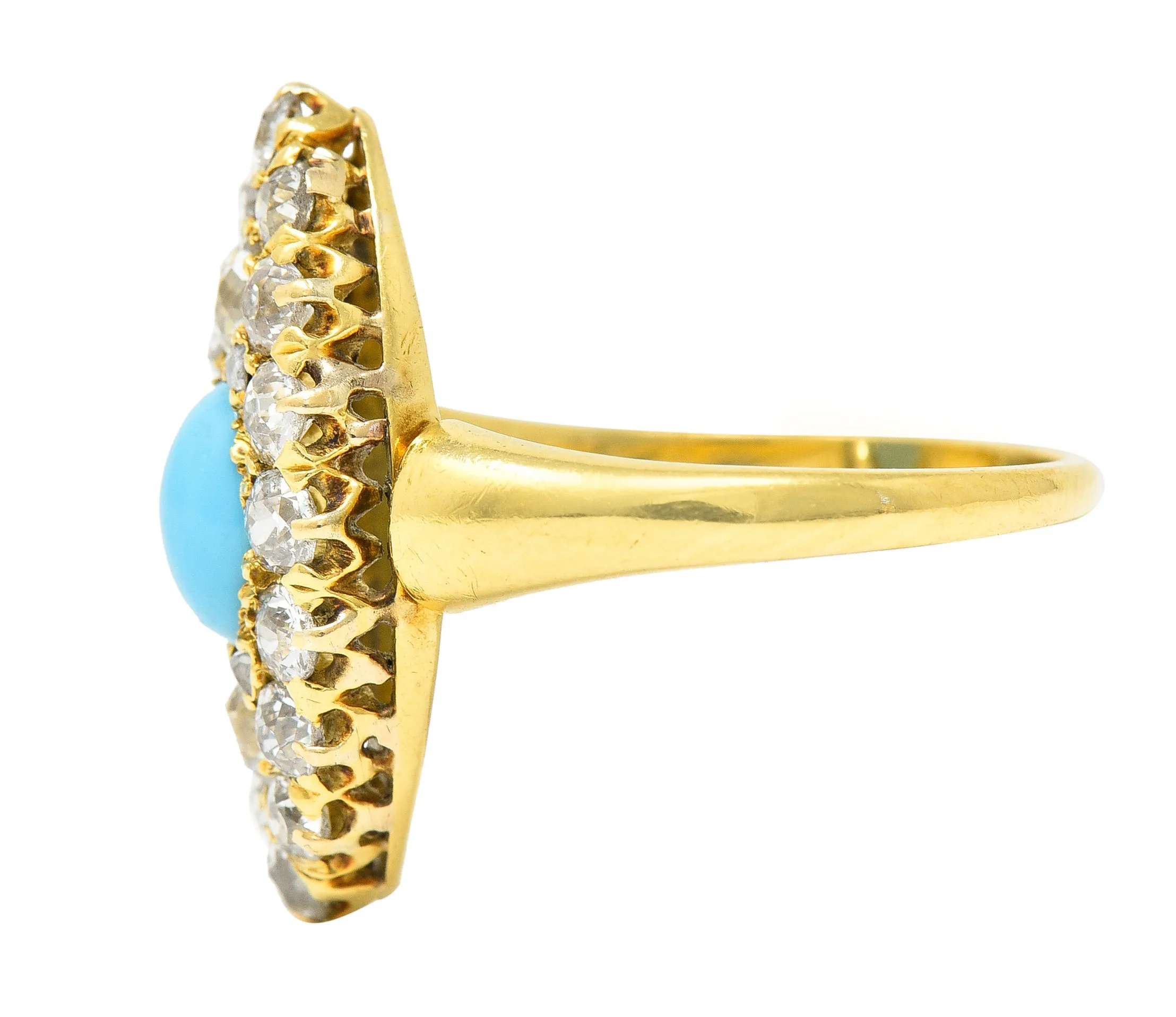 Victorian 1.68 CTW Old European Cut Diamond Turquoise 18 Karat Yellow Gold Antique Navette Cluster Ring