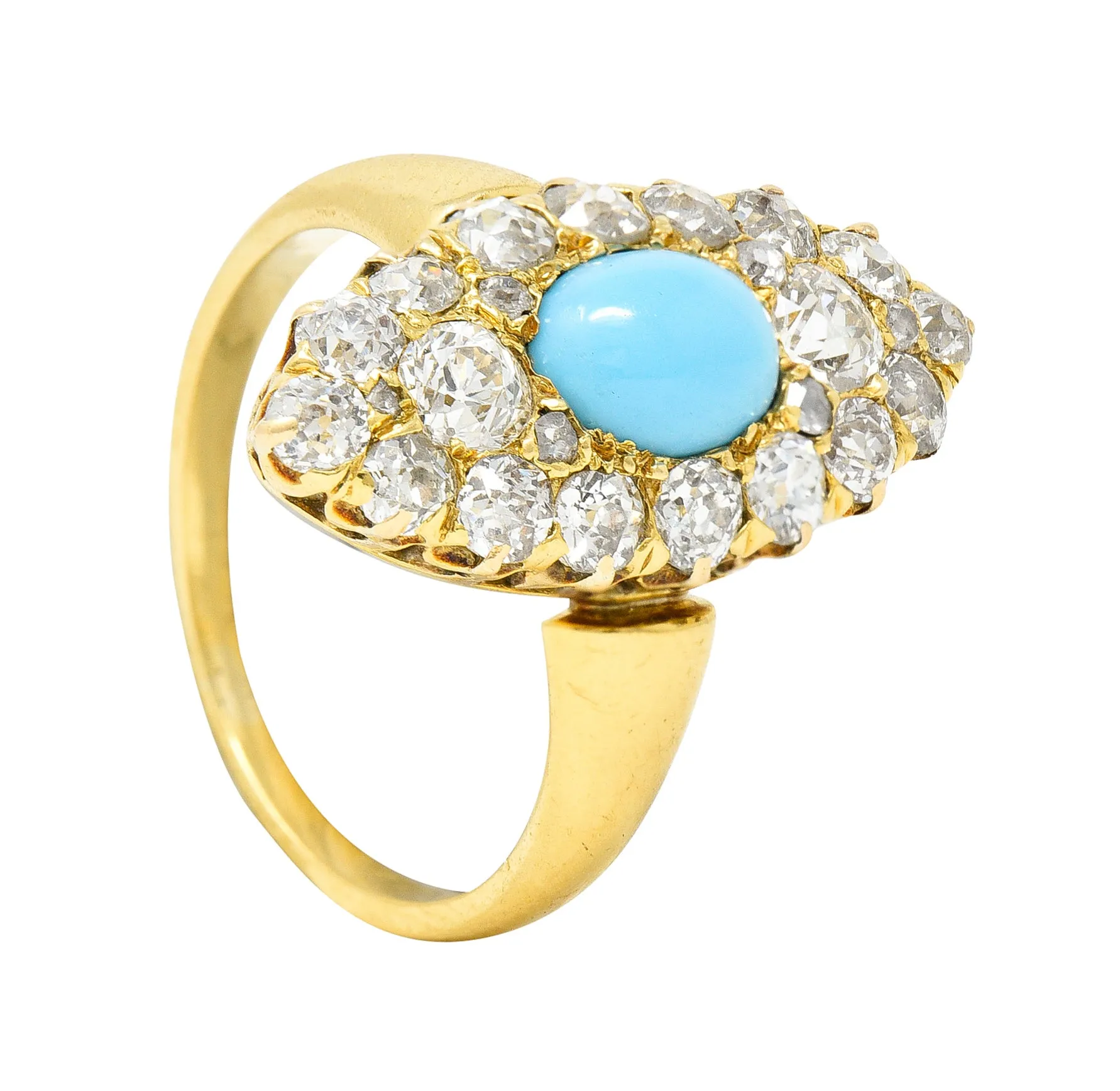 Victorian 1.68 CTW Old European Cut Diamond Turquoise 18 Karat Yellow Gold Antique Navette Cluster Ring