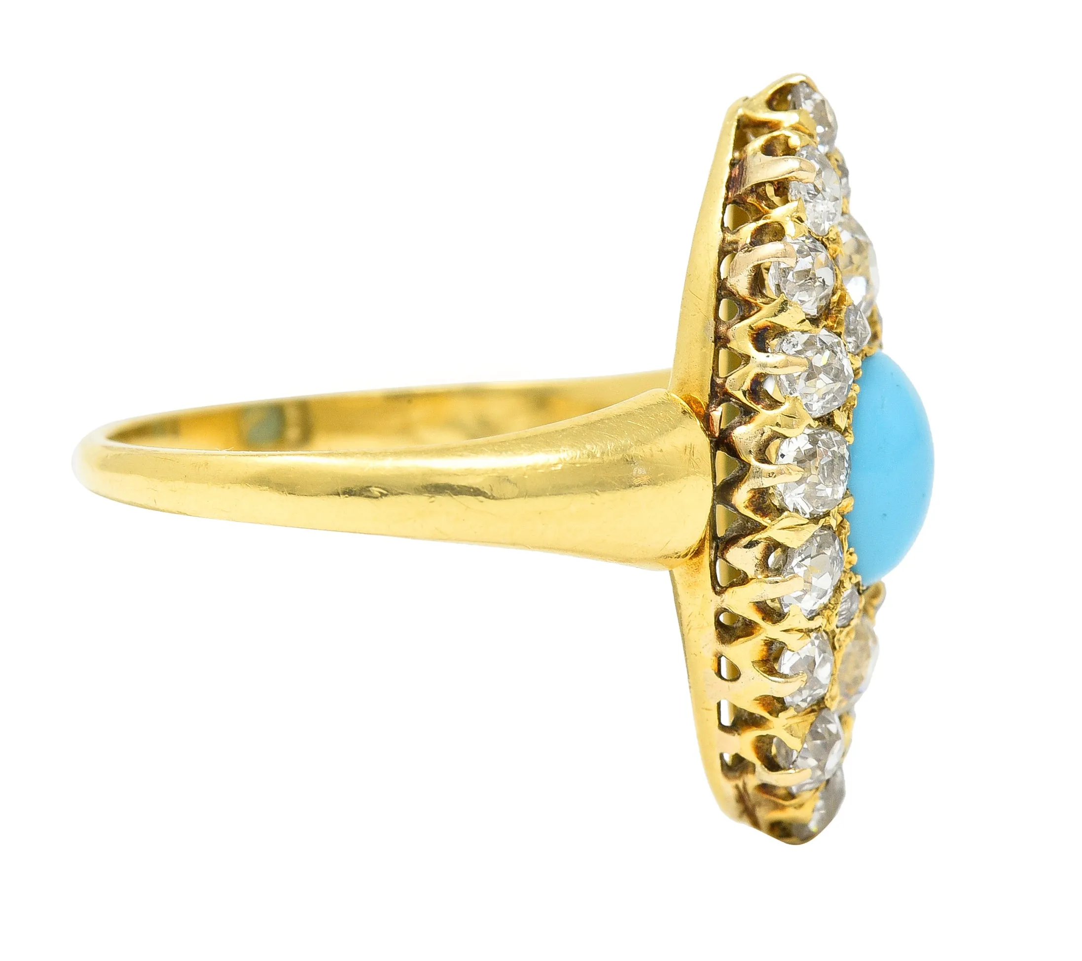 Victorian 1.68 CTW Old European Cut Diamond Turquoise 18 Karat Yellow Gold Antique Navette Cluster Ring