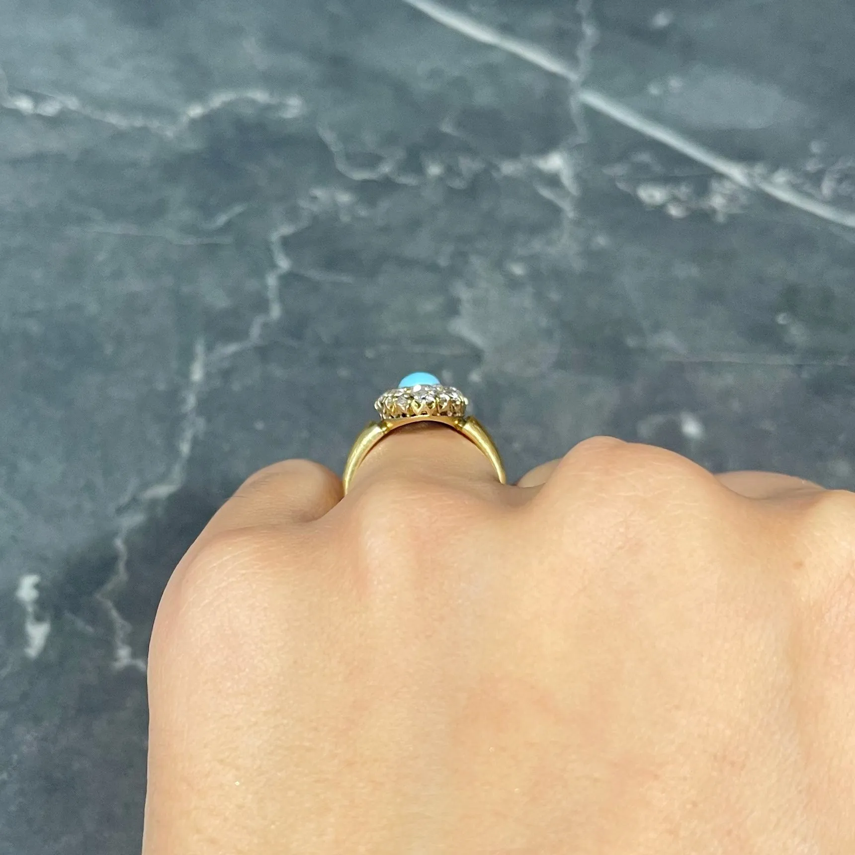 Victorian 1.68 CTW Old European Cut Diamond Turquoise 18 Karat Yellow Gold Antique Navette Cluster Ring