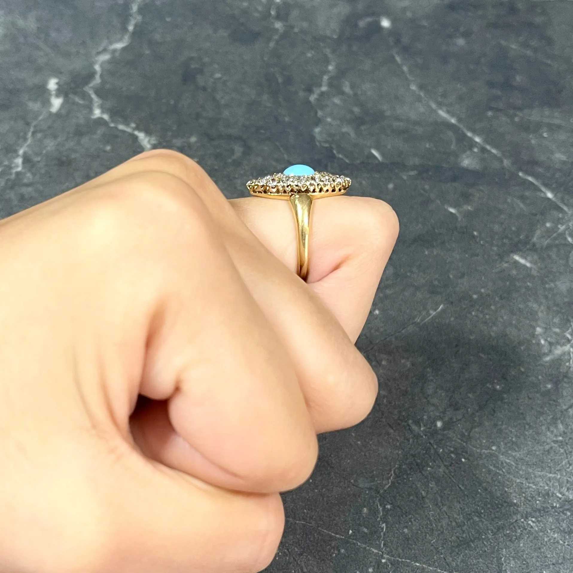 Victorian 1.68 CTW Old European Cut Diamond Turquoise 18 Karat Yellow Gold Antique Navette Cluster Ring
