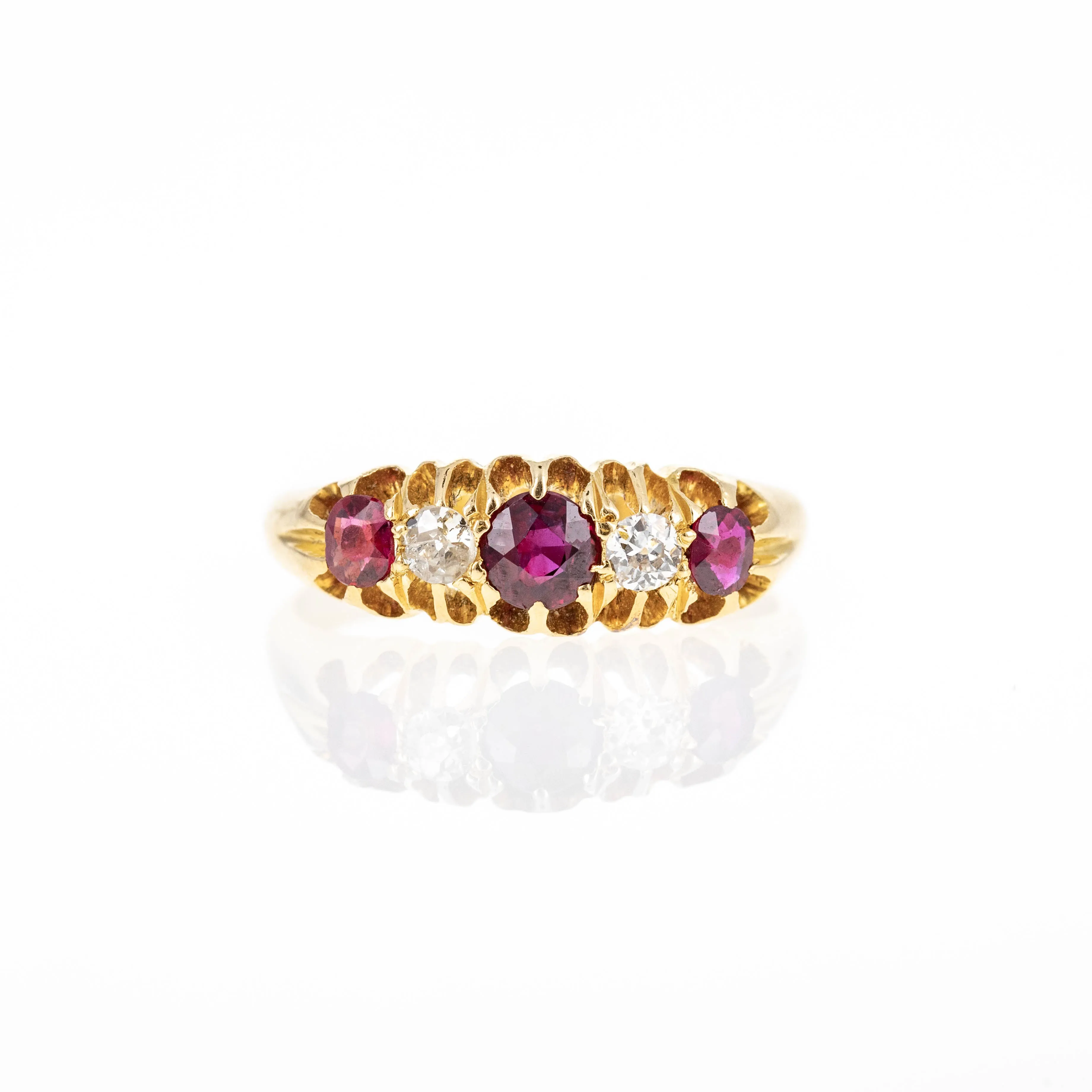 Victorian 18K Yellow Gold 0.65 Carat Ruby Diamond Five Stone Ring