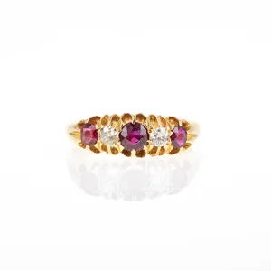 Victorian 18K Yellow Gold 0.65 Carat Ruby Diamond Five Stone Ring