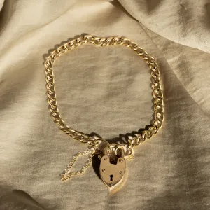 Victorian 9ct Yellow Gold Heart Padlock Curb Link Bracelet