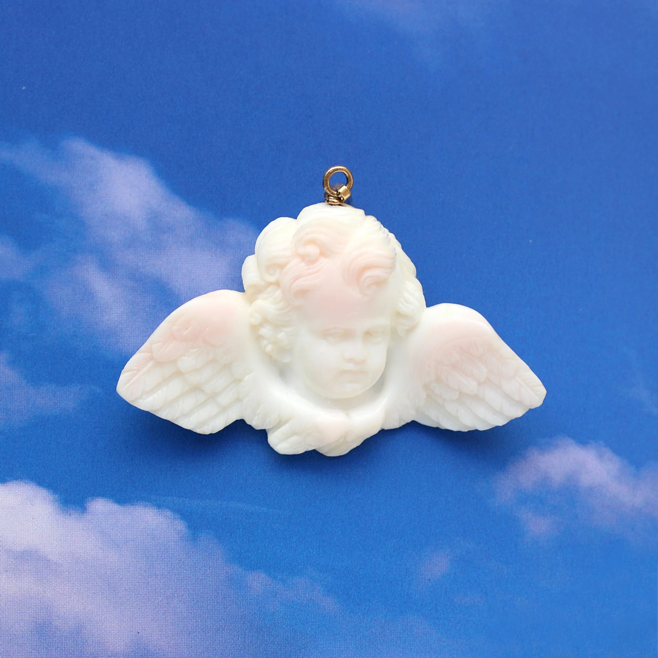 Victorian Carved Angel Skin Coral Cherub, 14k