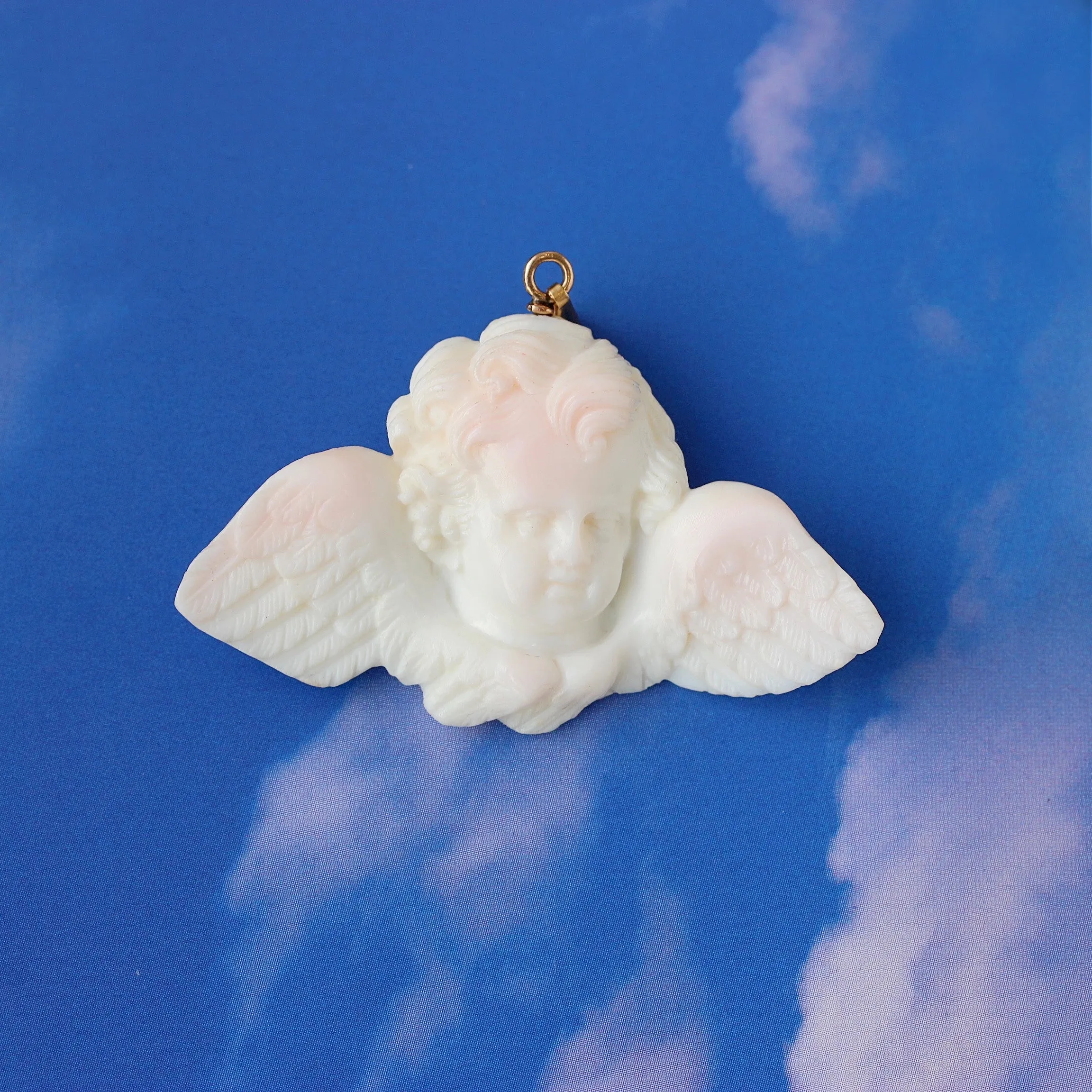 Victorian Carved Angel Skin Coral Cherub, 14k