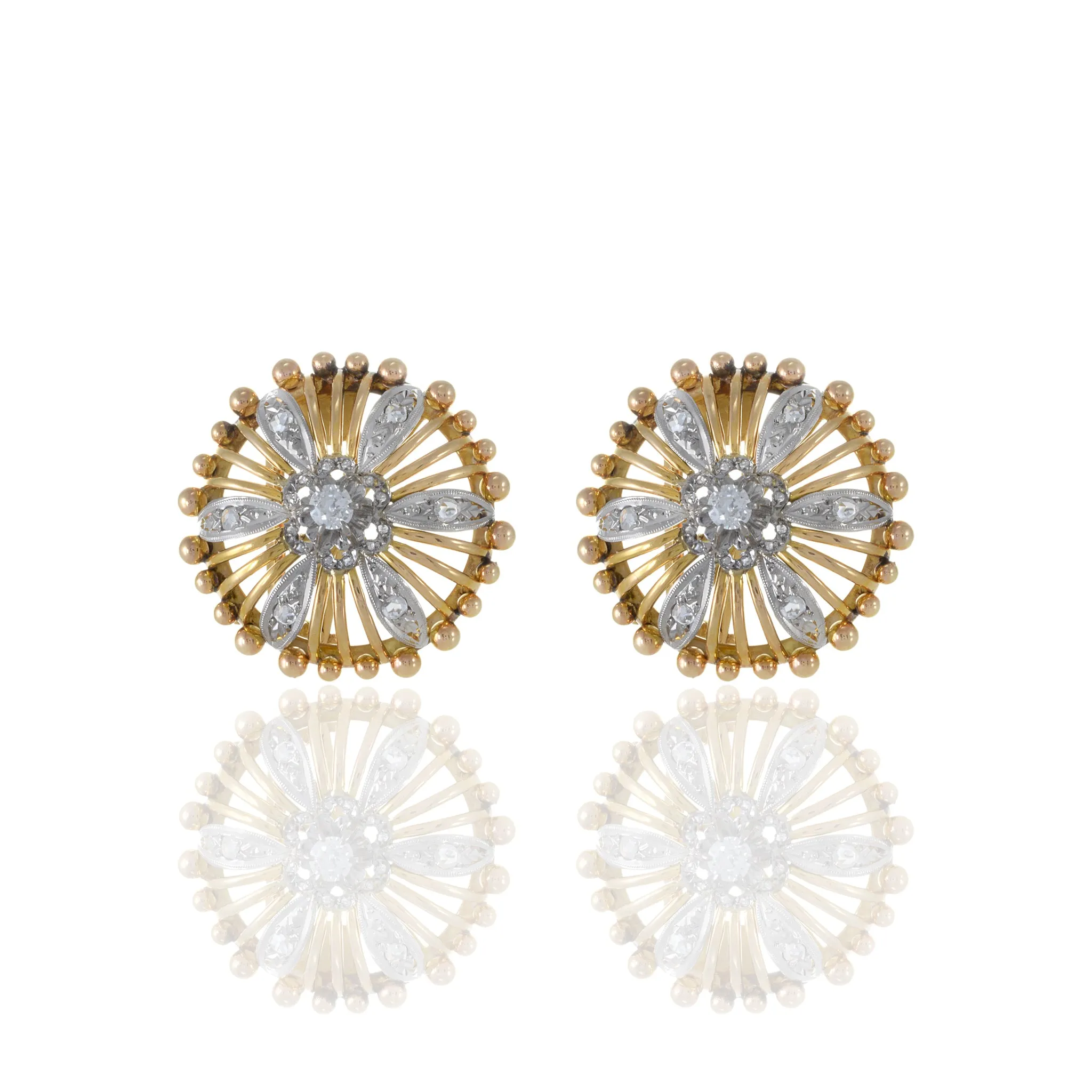 Victorian Era 18KT Yellow Gold And Platinum Diamond Circle Beaded Earrings
