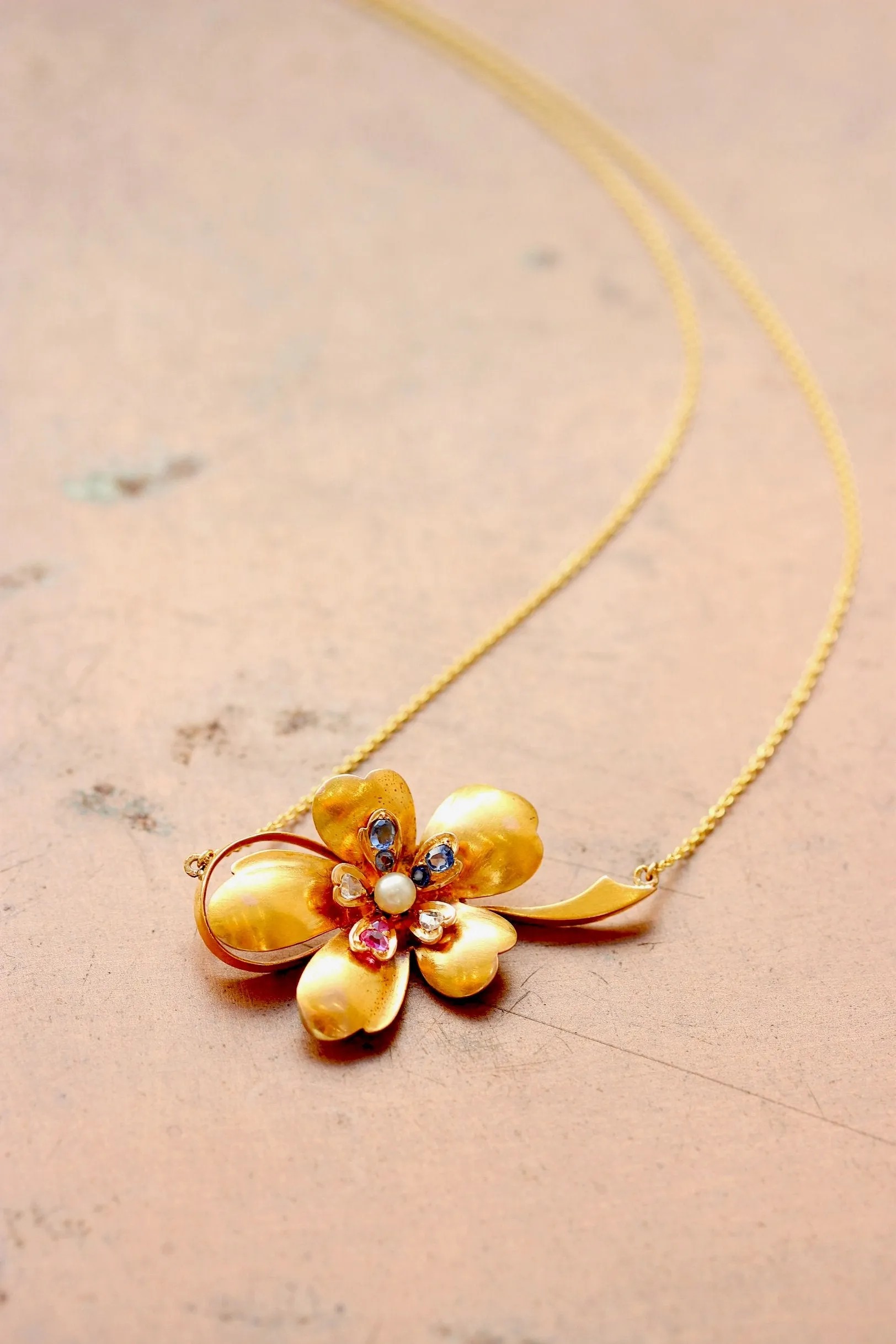 Victorian Flower Pendant with Diamond, Ruby & Sapphire, 14k