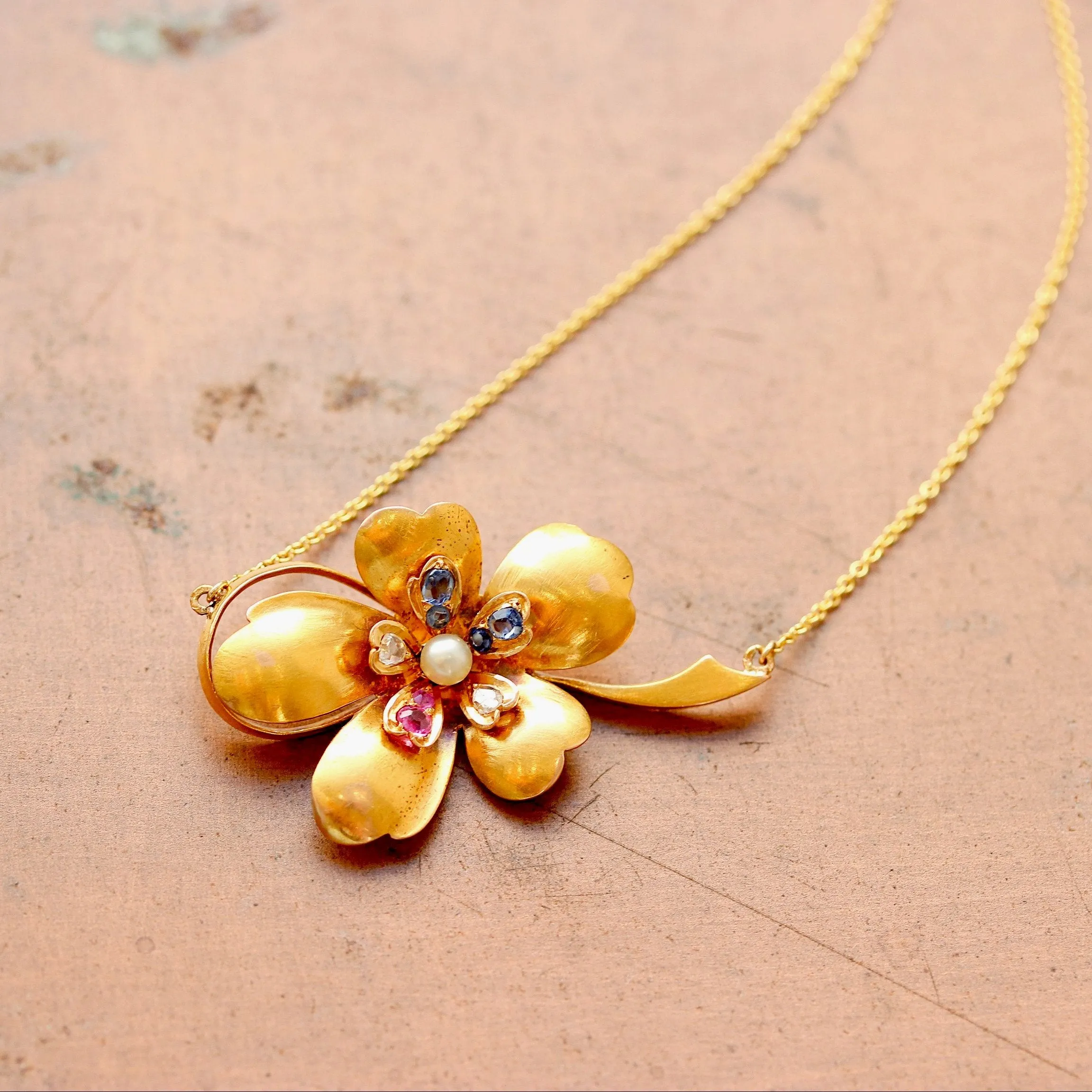 Victorian Flower Pendant with Diamond, Ruby & Sapphire, 14k