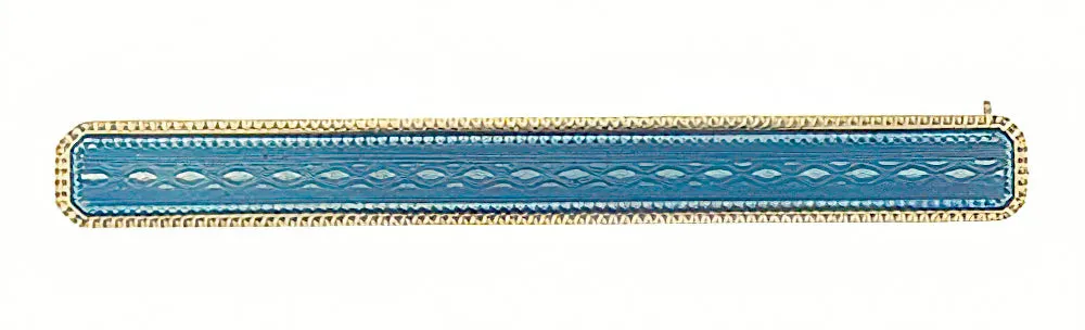 Victorian Guilloche Blue Enamel Antique Bar Brooch in 14 Karat Yellow Gold