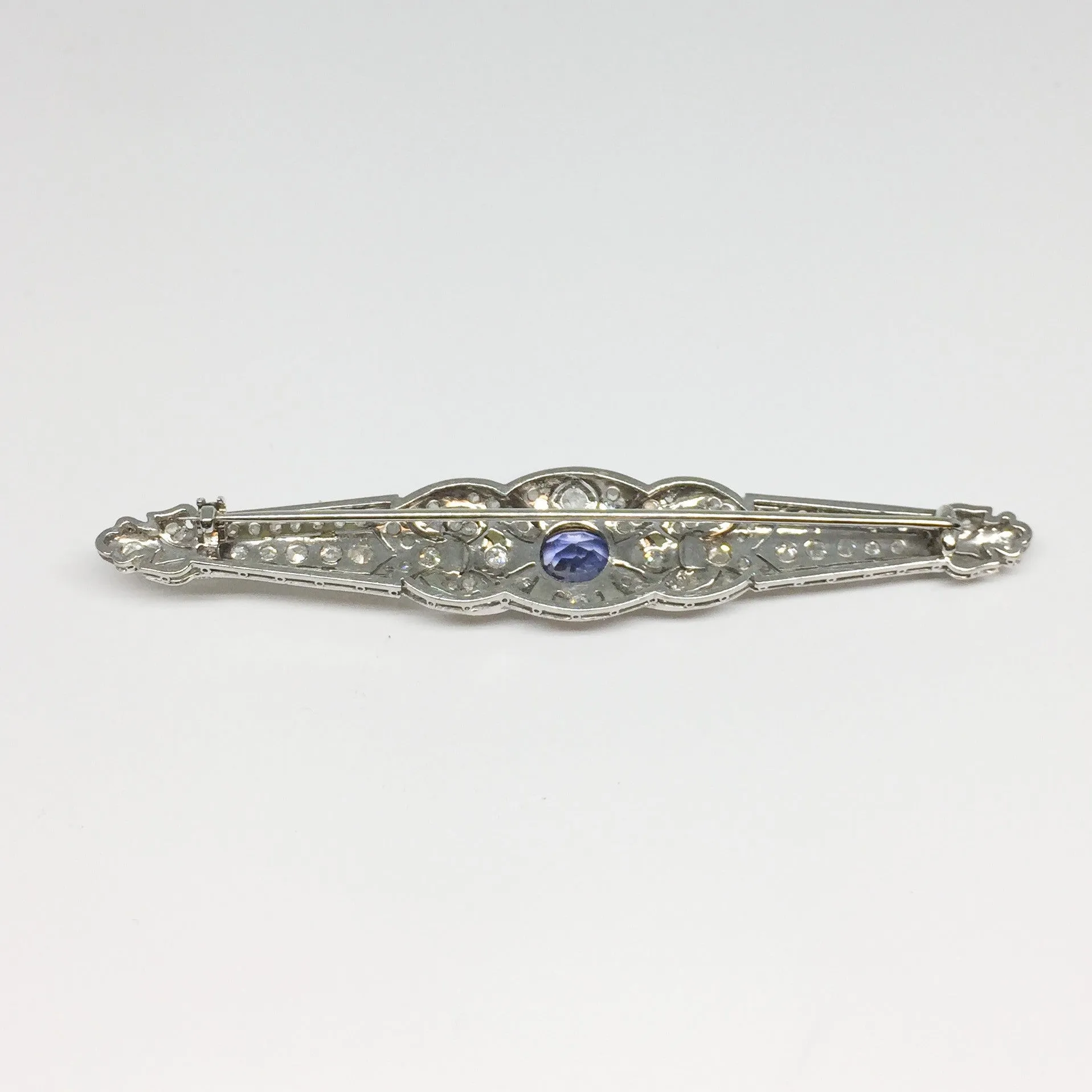 Victorian Hard Platinum Diamond and Sapphire Bar Pin