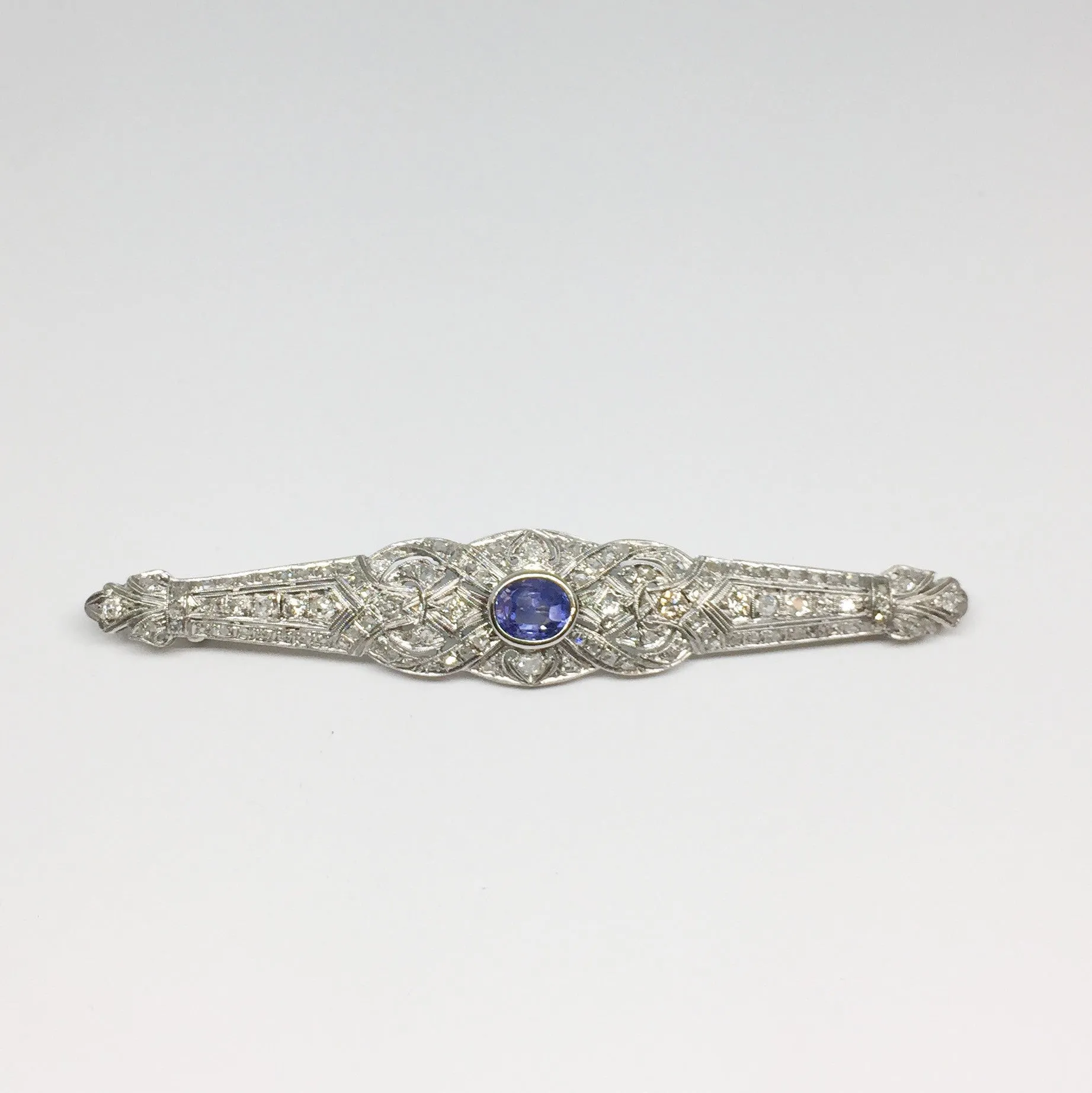 Victorian Hard Platinum Diamond and Sapphire Bar Pin