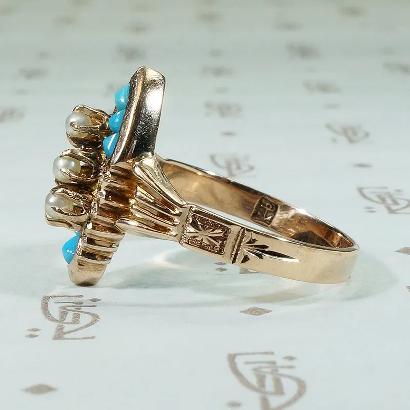 Victorian Rosy Navette with Turquoise & Pearls
