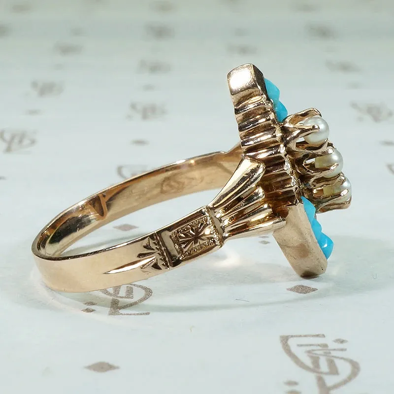 Victorian Rosy Navette with Turquoise & Pearls