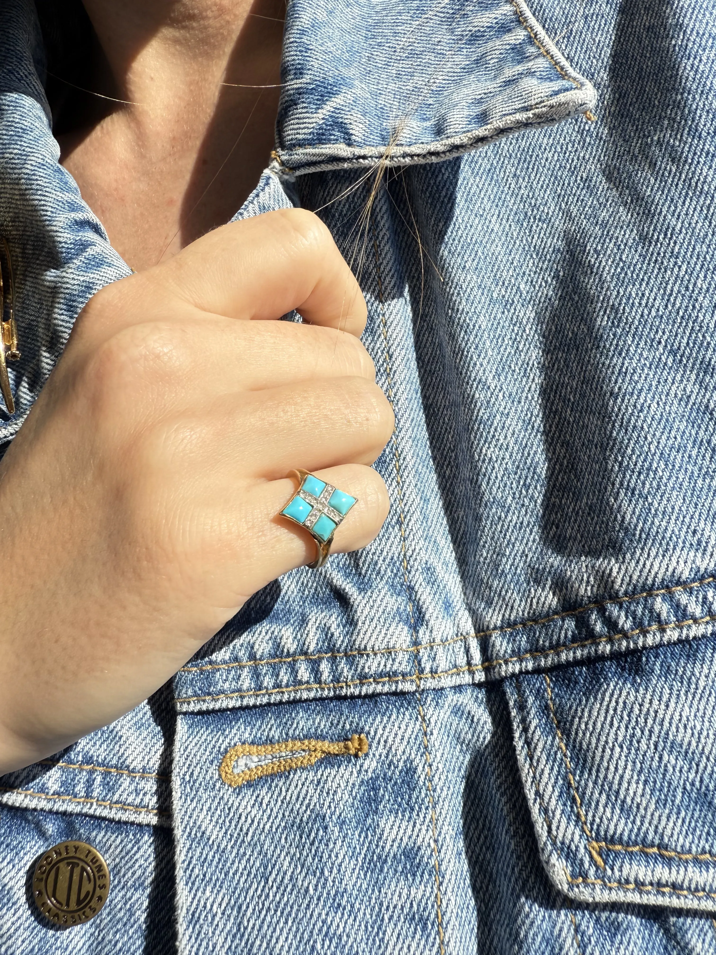 Victorian Turquoise & Diamond Ring, Two Tone 14k & Platinum