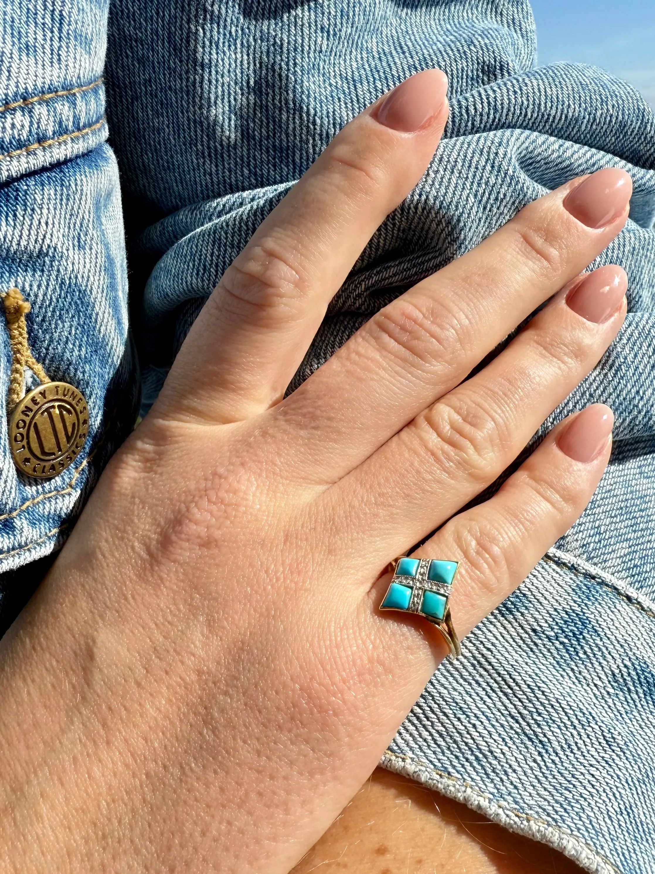 Victorian Turquoise & Diamond Ring, Two Tone 14k & Platinum