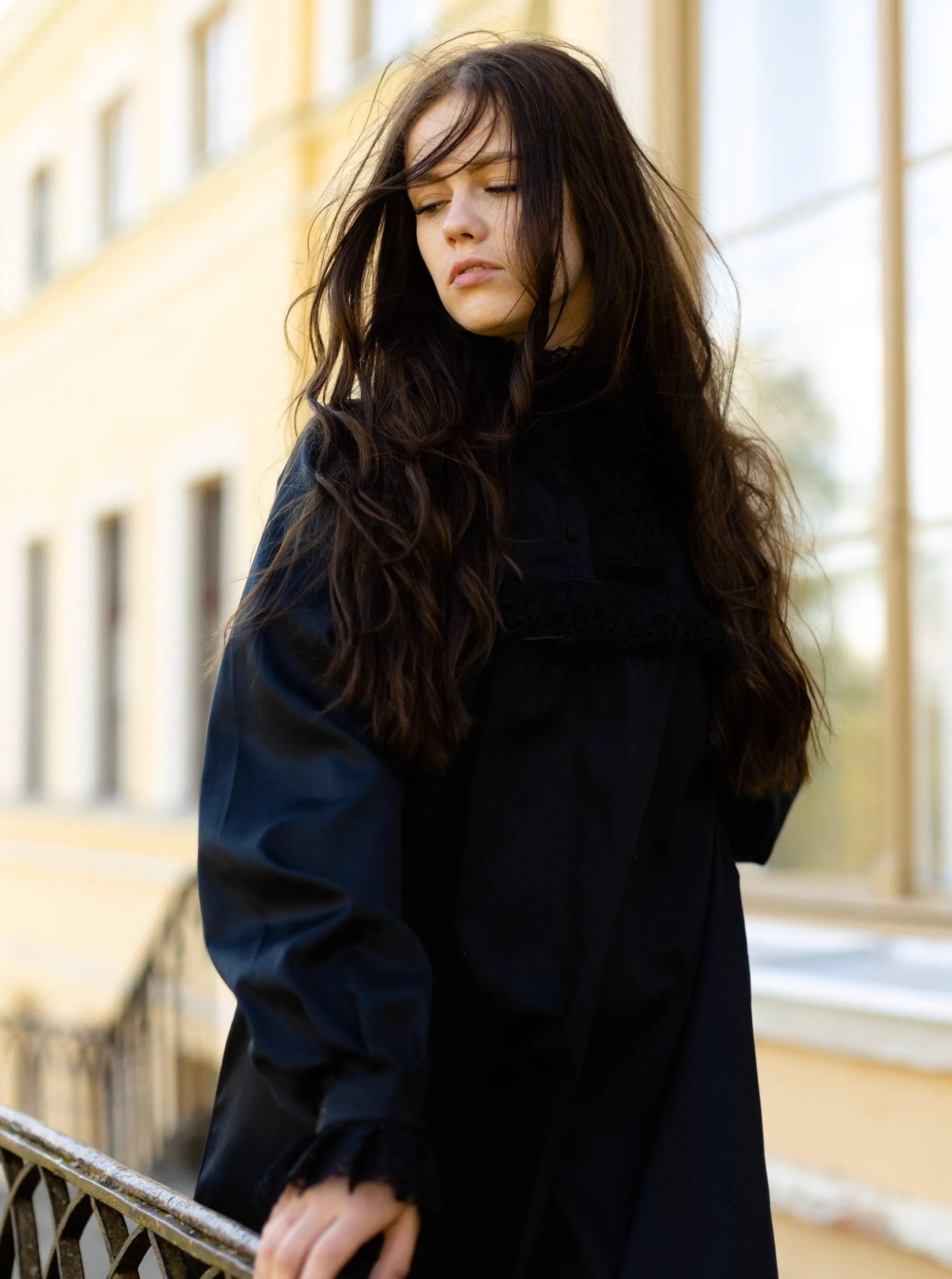 Victorian Winter Maxi Nightgown in Black Cotton