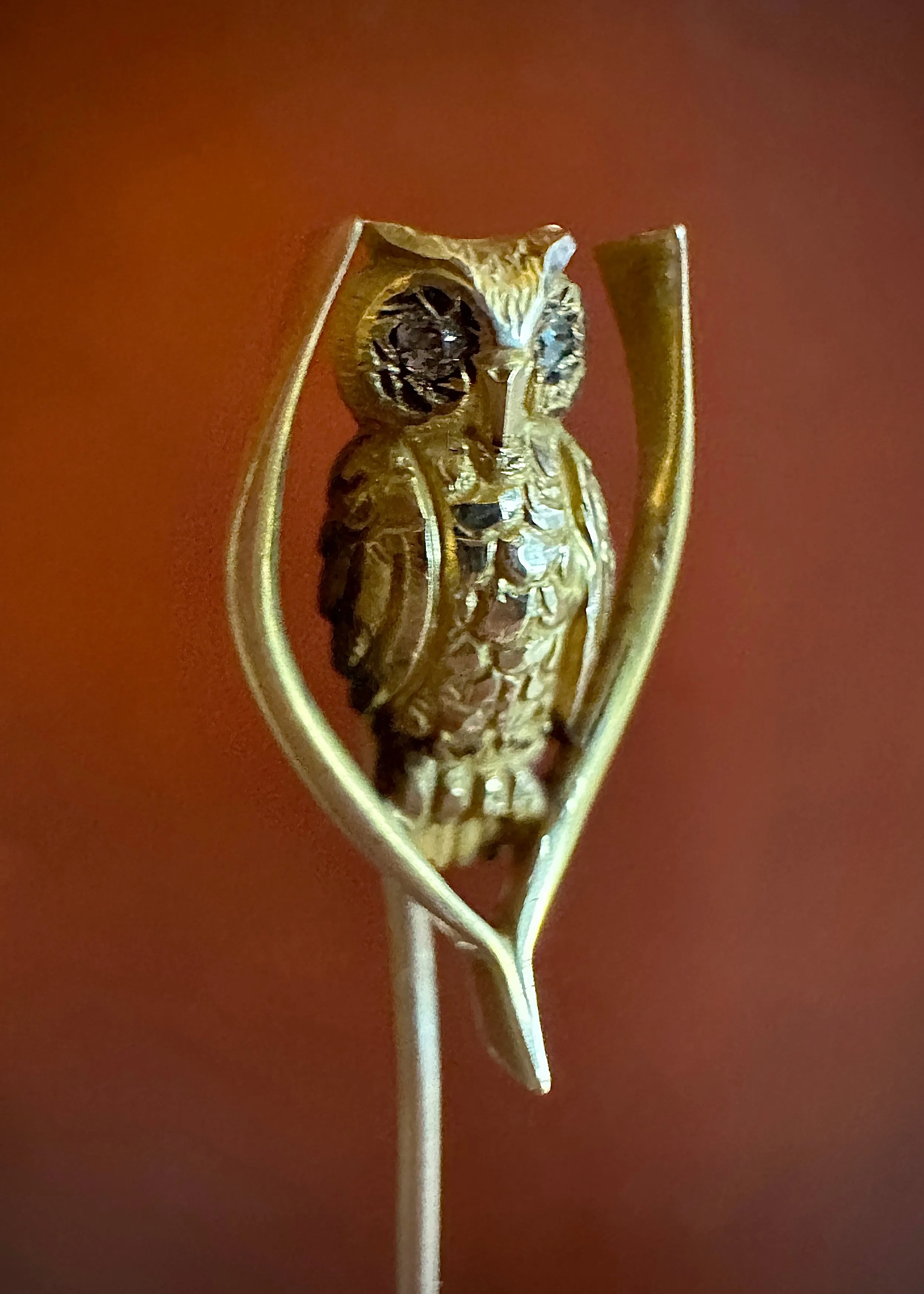 Vintage 14k Gold Tiny Lil Owl on a Wishbone / Branch Stickpin - Diamond Eyes