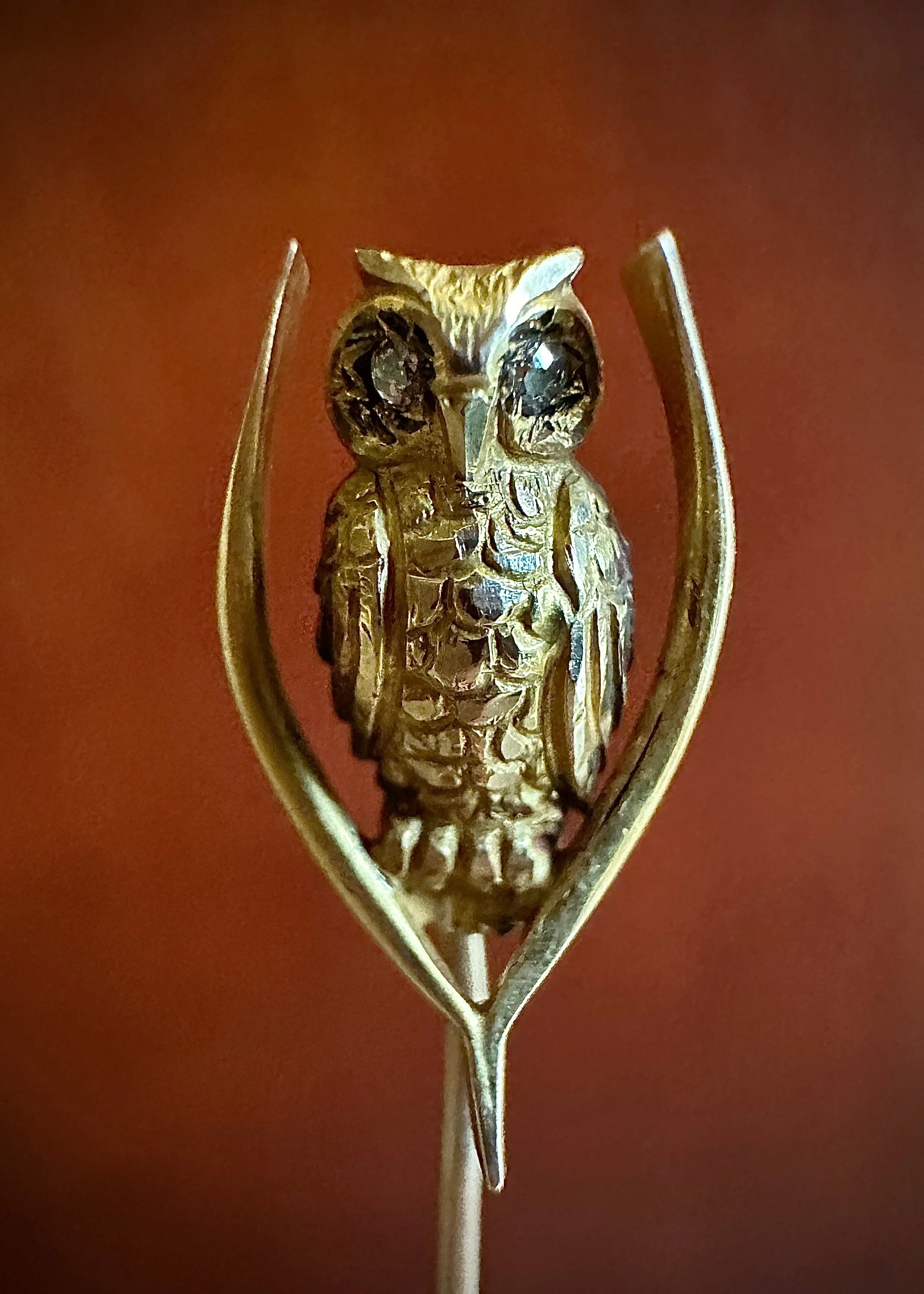 Vintage 14k Gold Tiny Lil Owl on a Wishbone / Branch Stickpin - Diamond Eyes