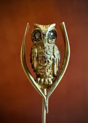 Vintage 14k Gold Tiny Lil Owl on a Wishbone / Branch Stickpin - Diamond Eyes