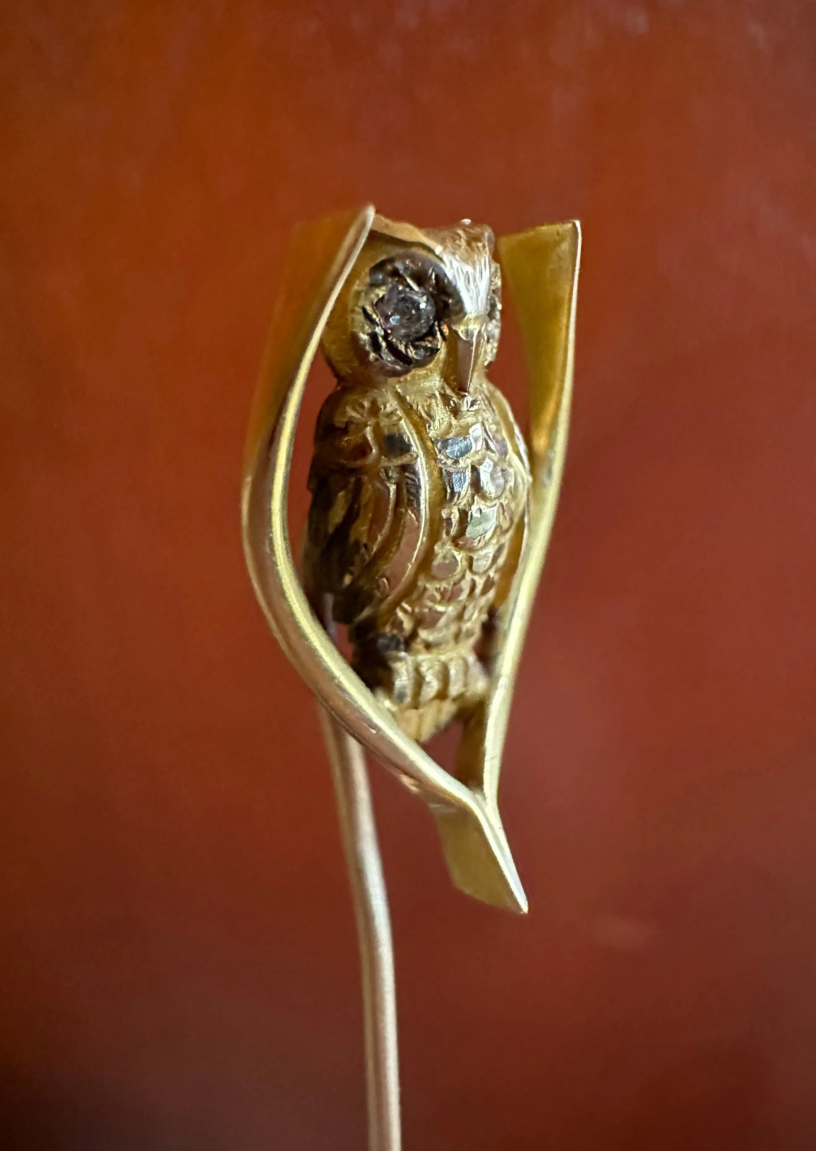 Vintage 14k Gold Tiny Lil Owl on a Wishbone / Branch Stickpin - Diamond Eyes