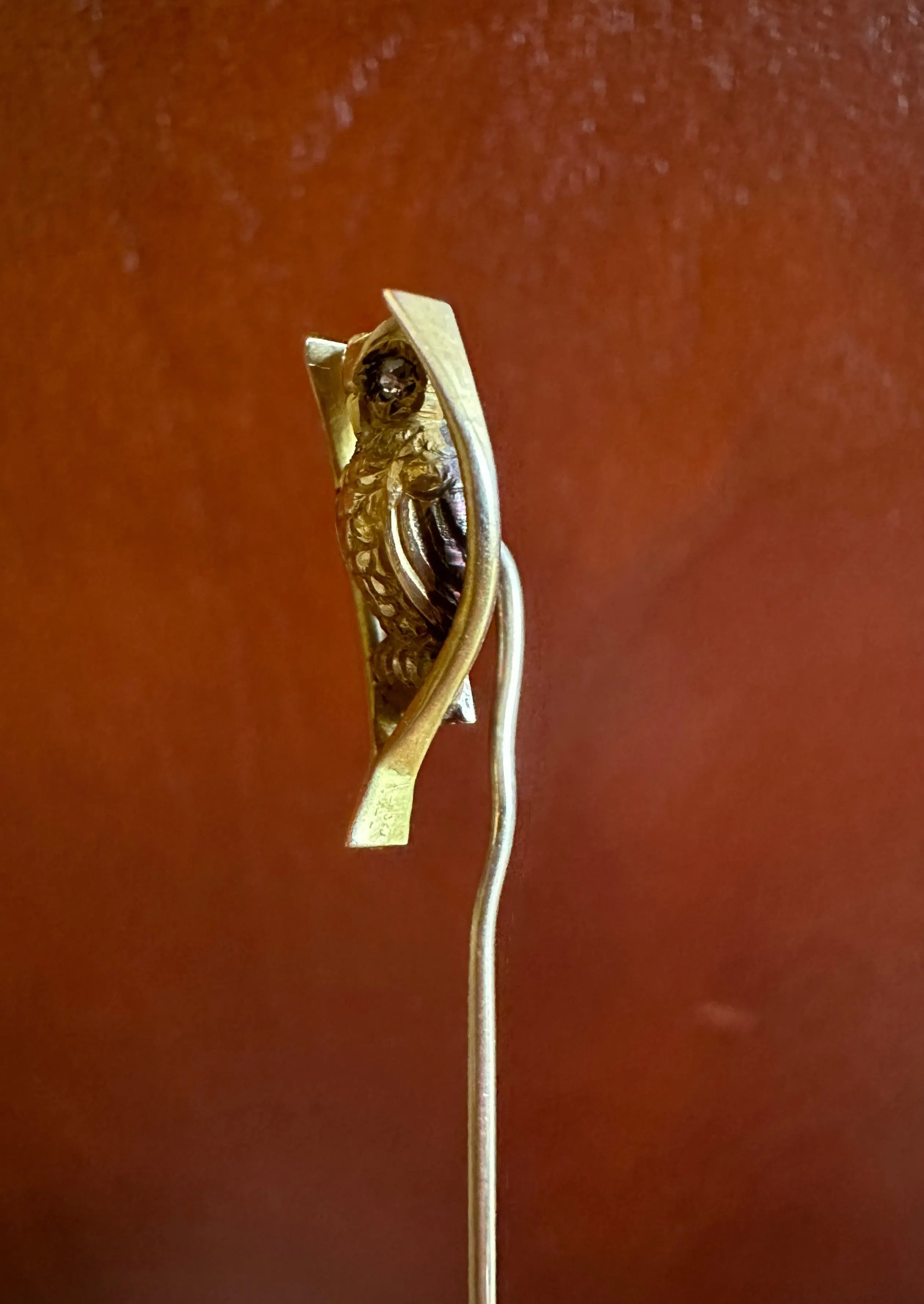 Vintage 14k Gold Tiny Lil Owl on a Wishbone / Branch Stickpin - Diamond Eyes