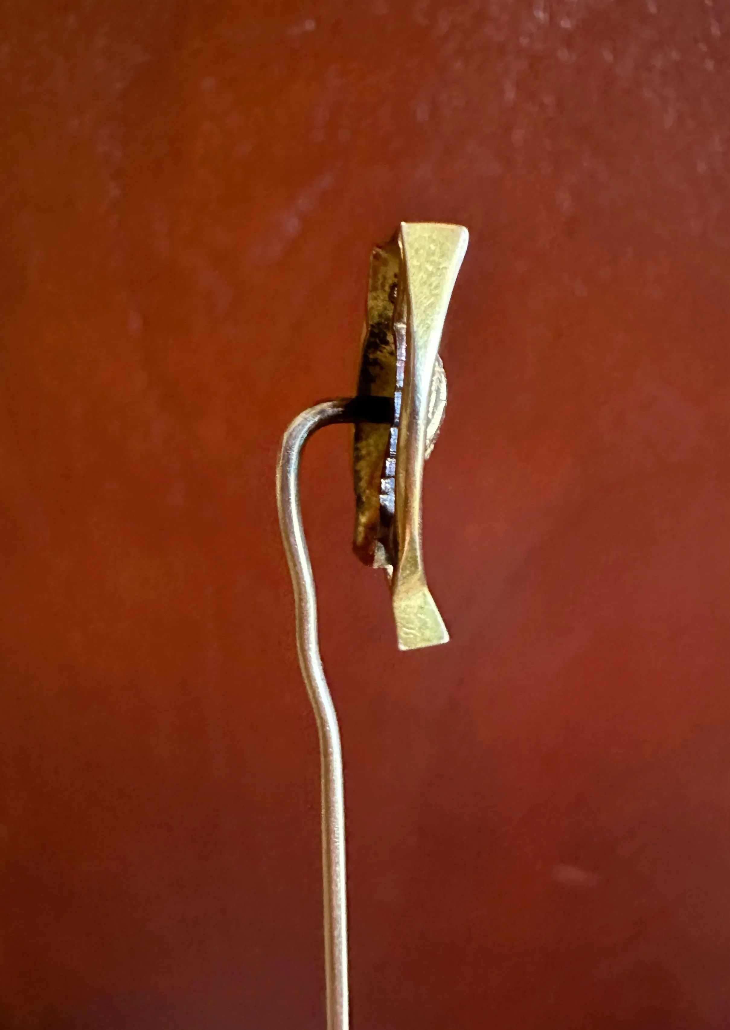 Vintage 14k Gold Tiny Lil Owl on a Wishbone / Branch Stickpin - Diamond Eyes
