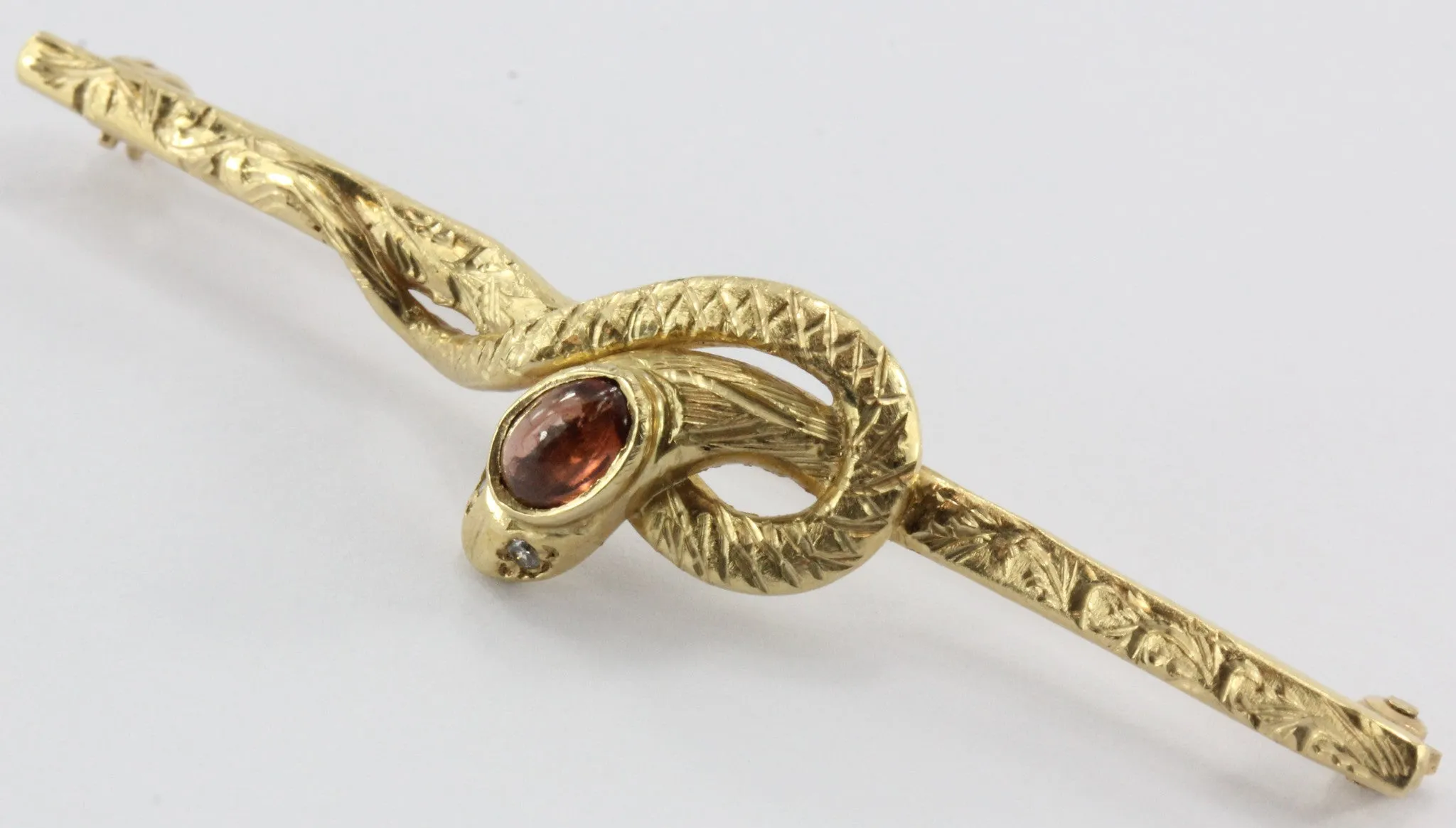 Vintage 14K Gold Victorian Style Diamond & Garnet Snake Bar Pin