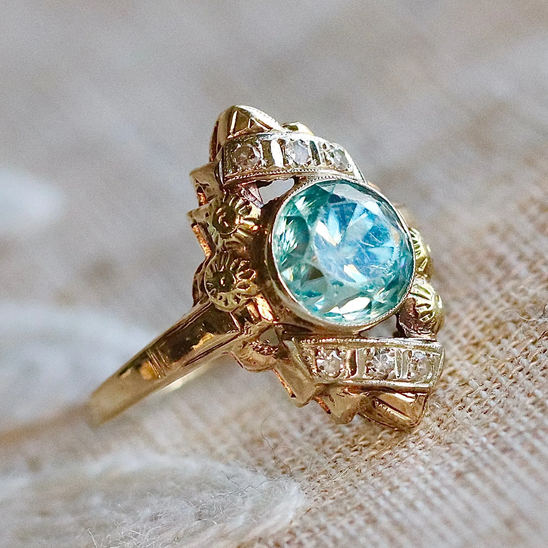 Vintage Blue zircon and diamond ring in 14K yellow gold