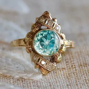 Vintage Blue zircon and diamond ring in 14K yellow gold