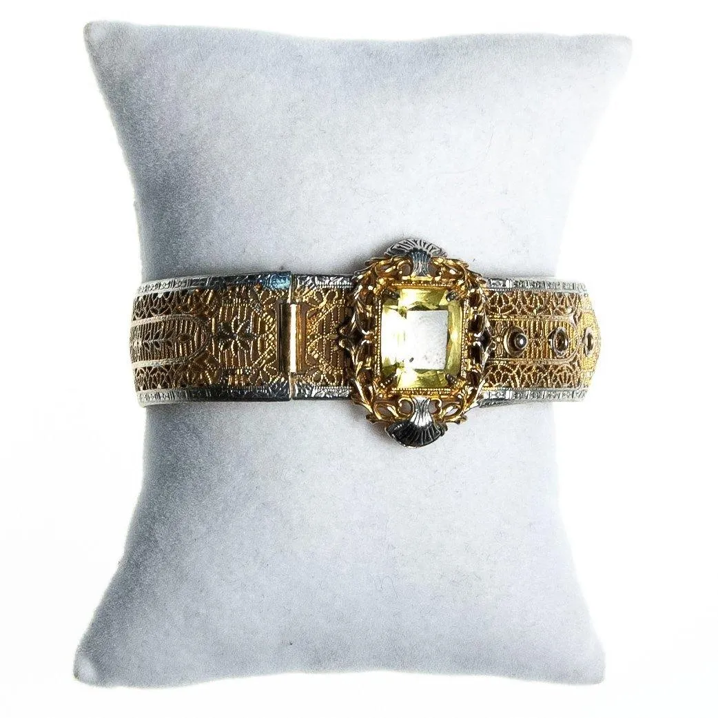 Vintage Edwardian Filigree Bracelet with Lemon Citrine Crystal Gold and Silver with a Buckle Clasp