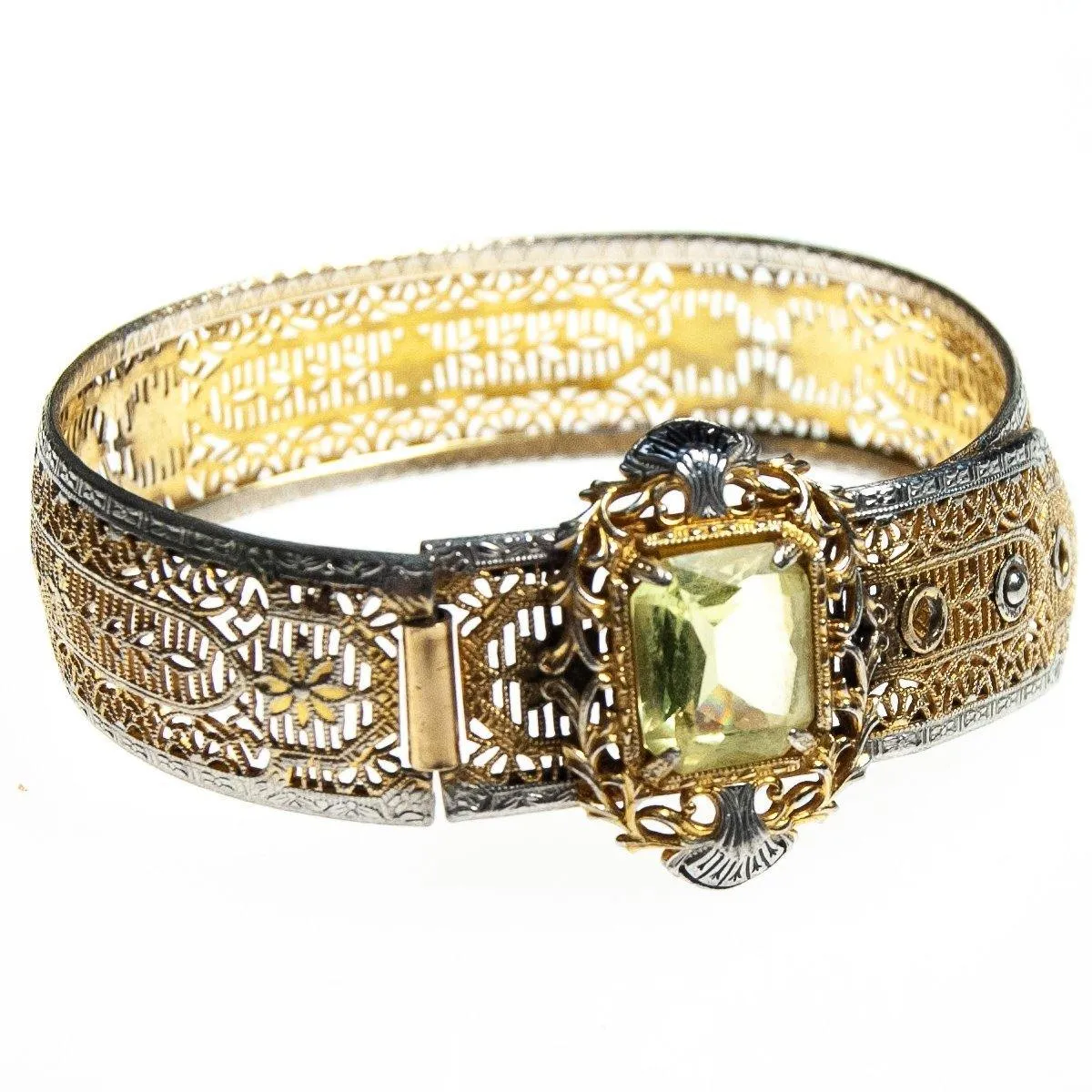 Vintage Edwardian Filigree Bracelet with Lemon Citrine Crystal Gold and Silver with a Buckle Clasp