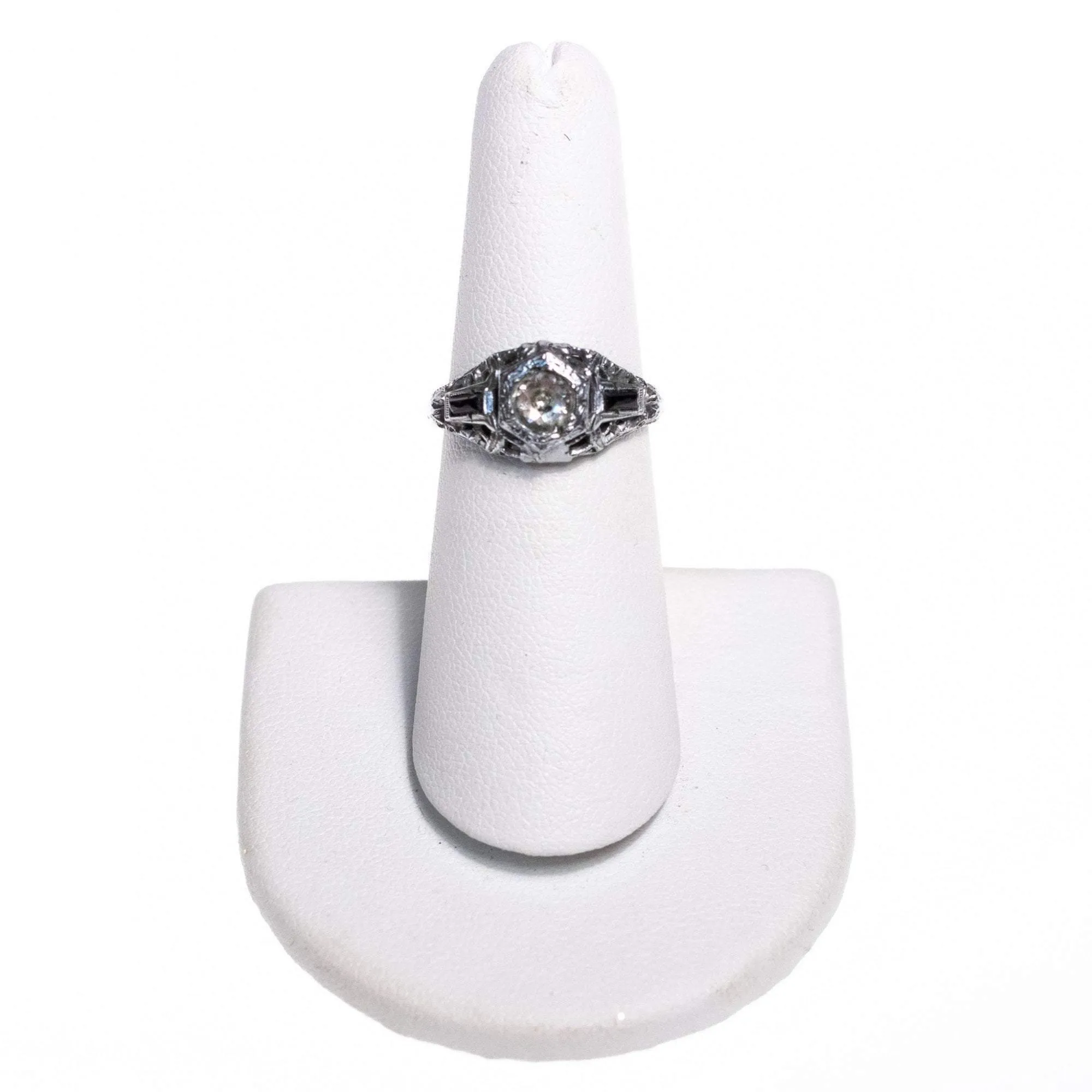 Vintage Edwardian Filigree Ring with Central Rhinestone and Side Accent Stones