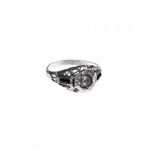 Vintage Edwardian Filigree Ring with Central Rhinestone and Side Accent Stones