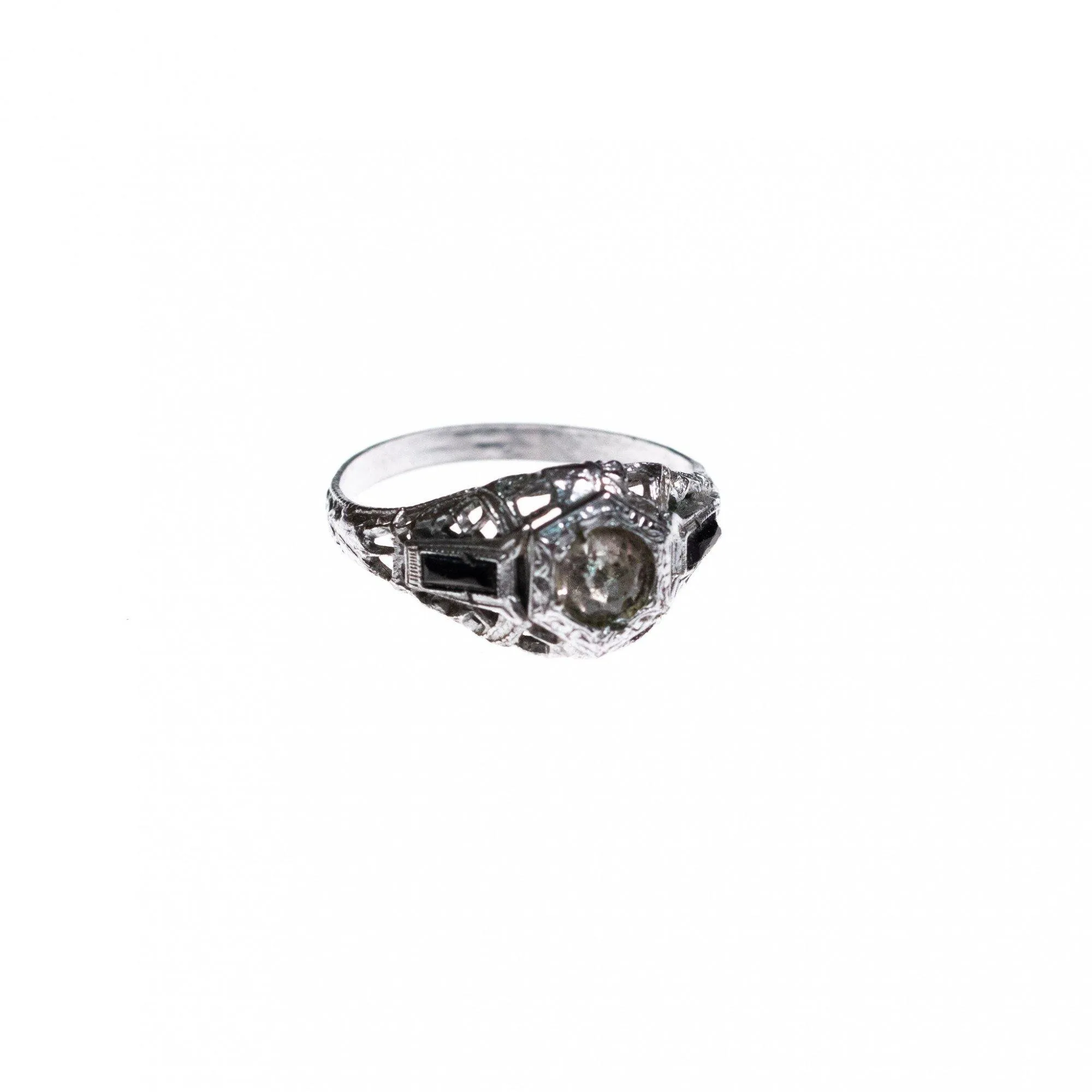 Vintage Edwardian Filigree Ring with Central Rhinestone and Side Accent Stones