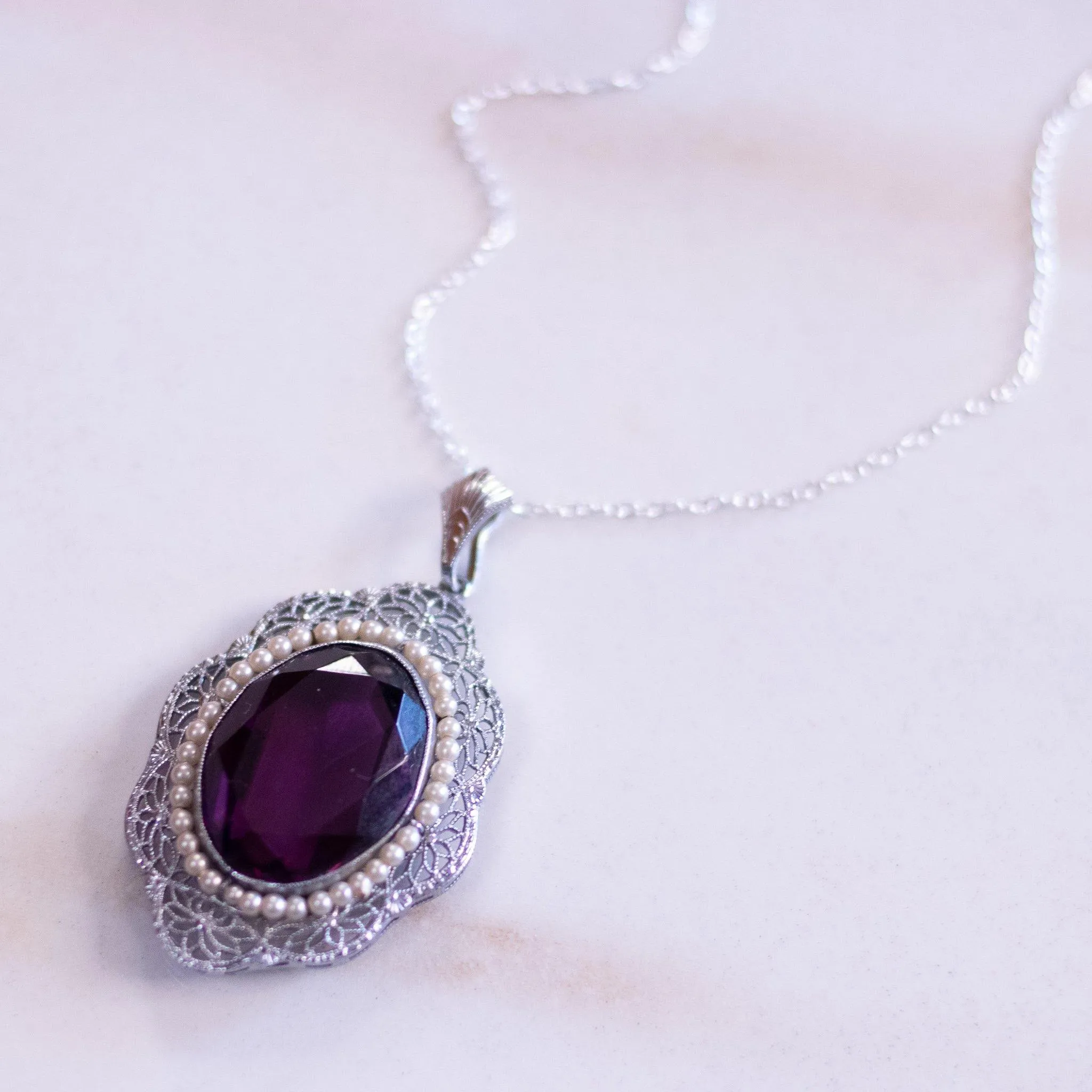 Vintage Edwardian Style Filigree with Purple And Seed Pearl Crystal Pendant Necklace