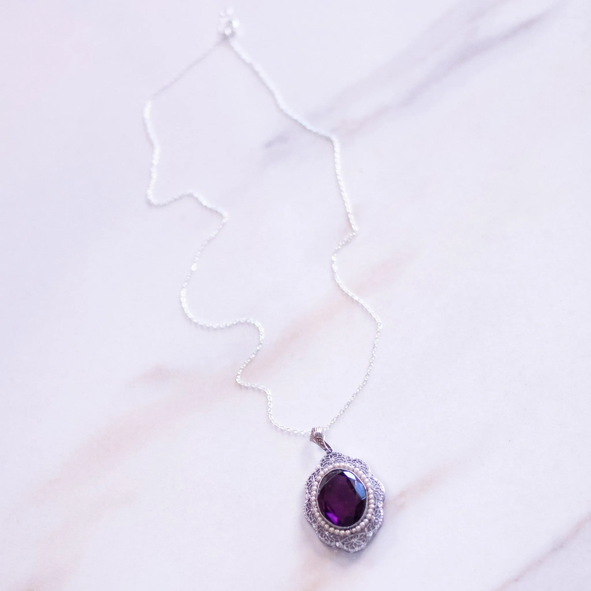 Vintage Edwardian Style Filigree with Purple And Seed Pearl Crystal Pendant Necklace