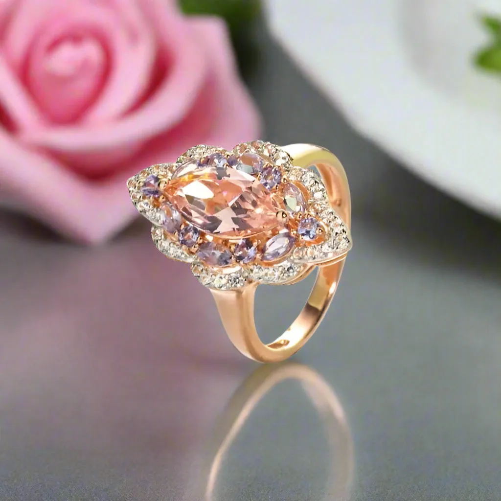 Vintage Marquise-cut Morganite Halo Engagement Ring