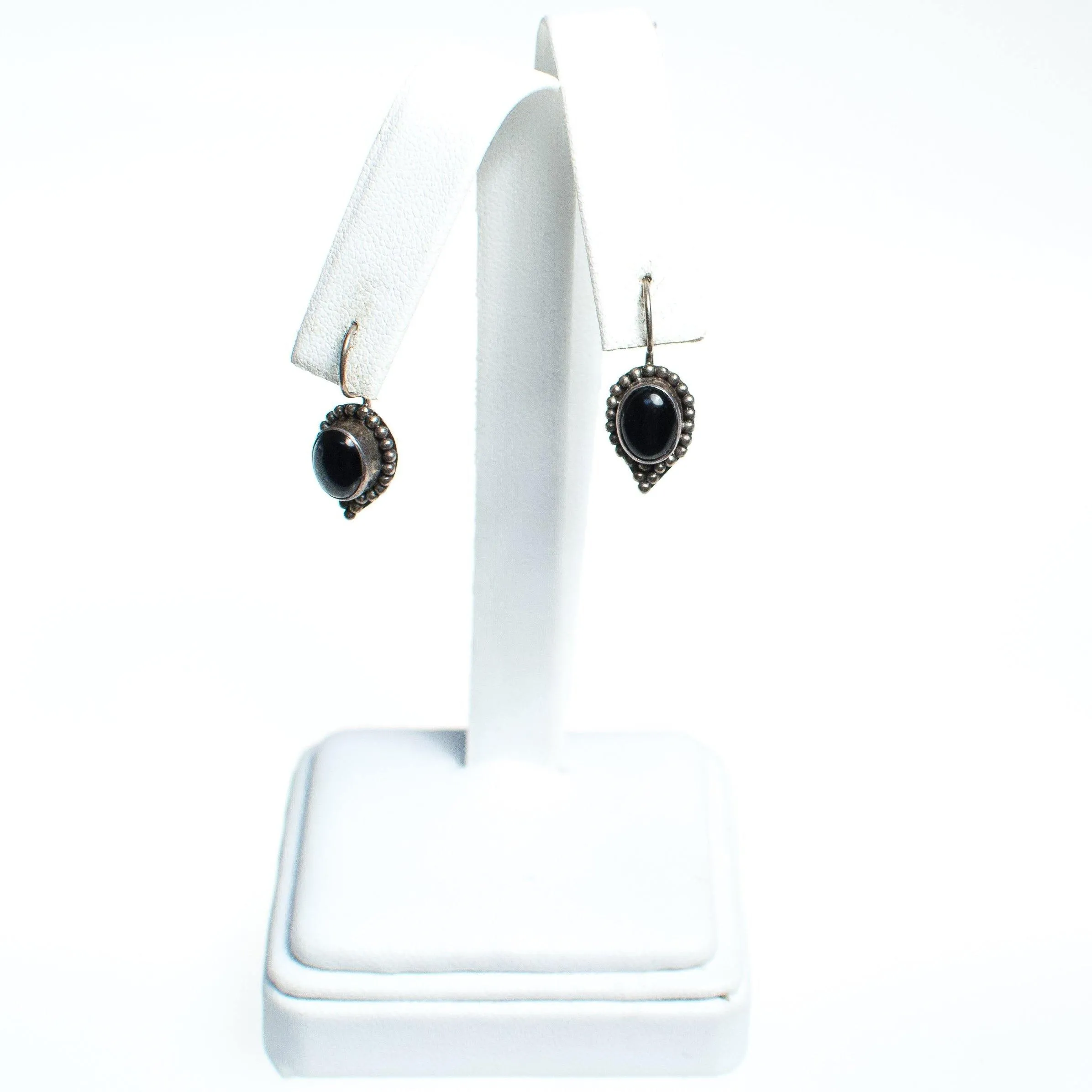 Vintage Native American Sterling Silver and Onyx Earrings, Drop, Dangle, Wire Hook Clasp
