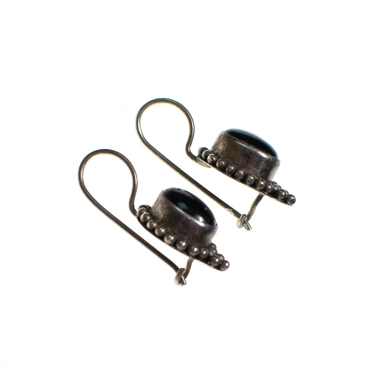 Vintage Native American Sterling Silver and Onyx Earrings, Drop, Dangle, Wire Hook Clasp