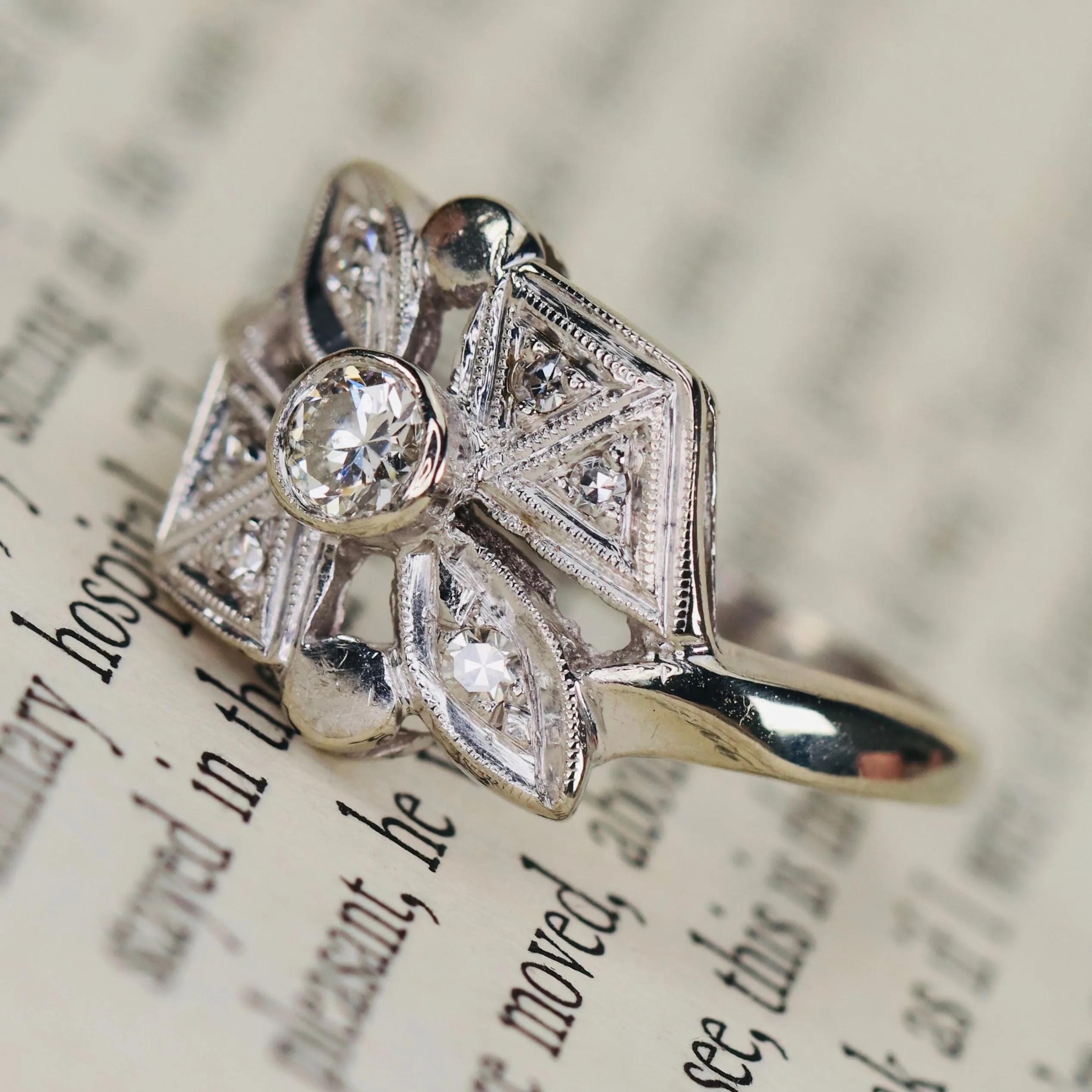 Vintage old cut diamond ring in 14k white gold