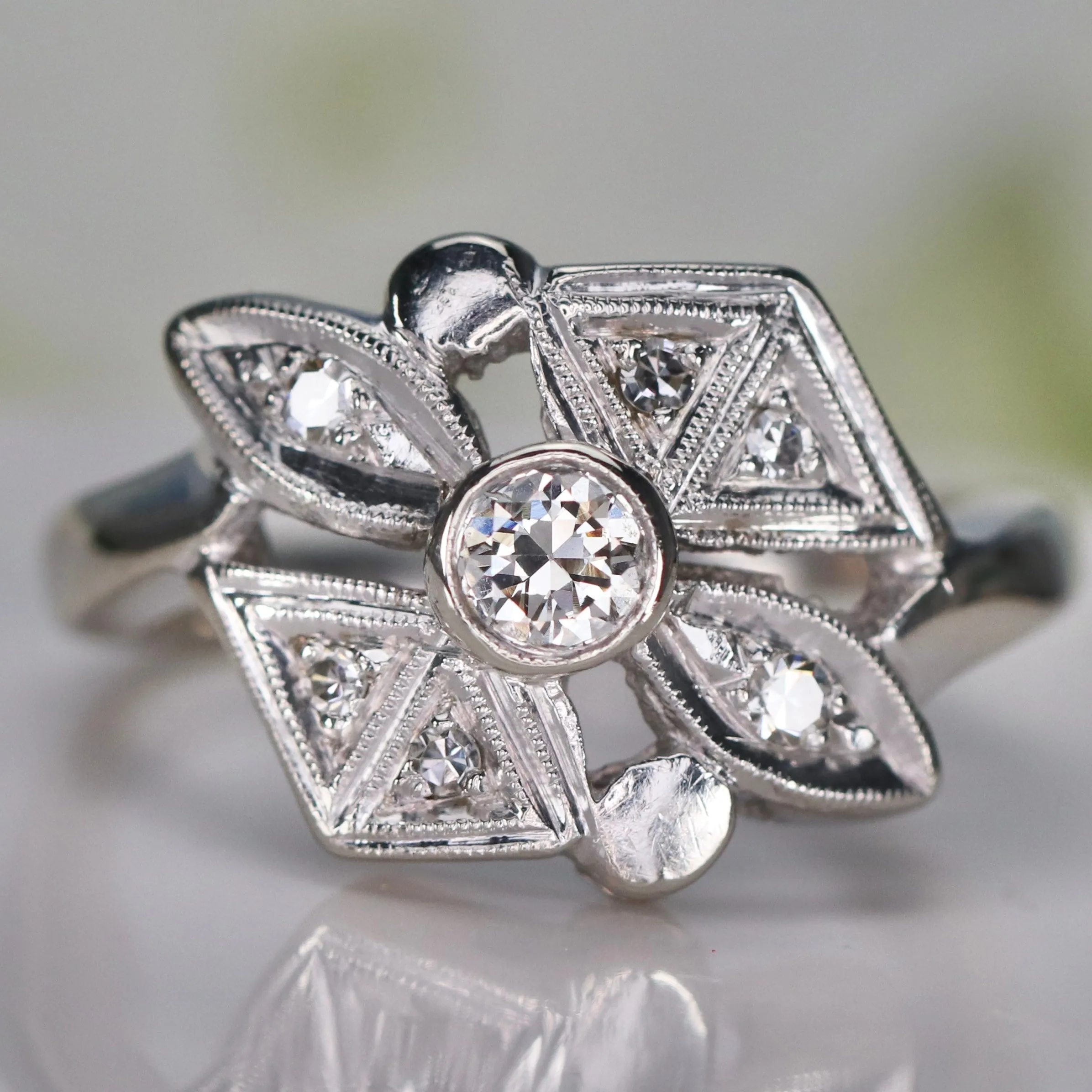 Vintage old cut diamond ring in 14k white gold