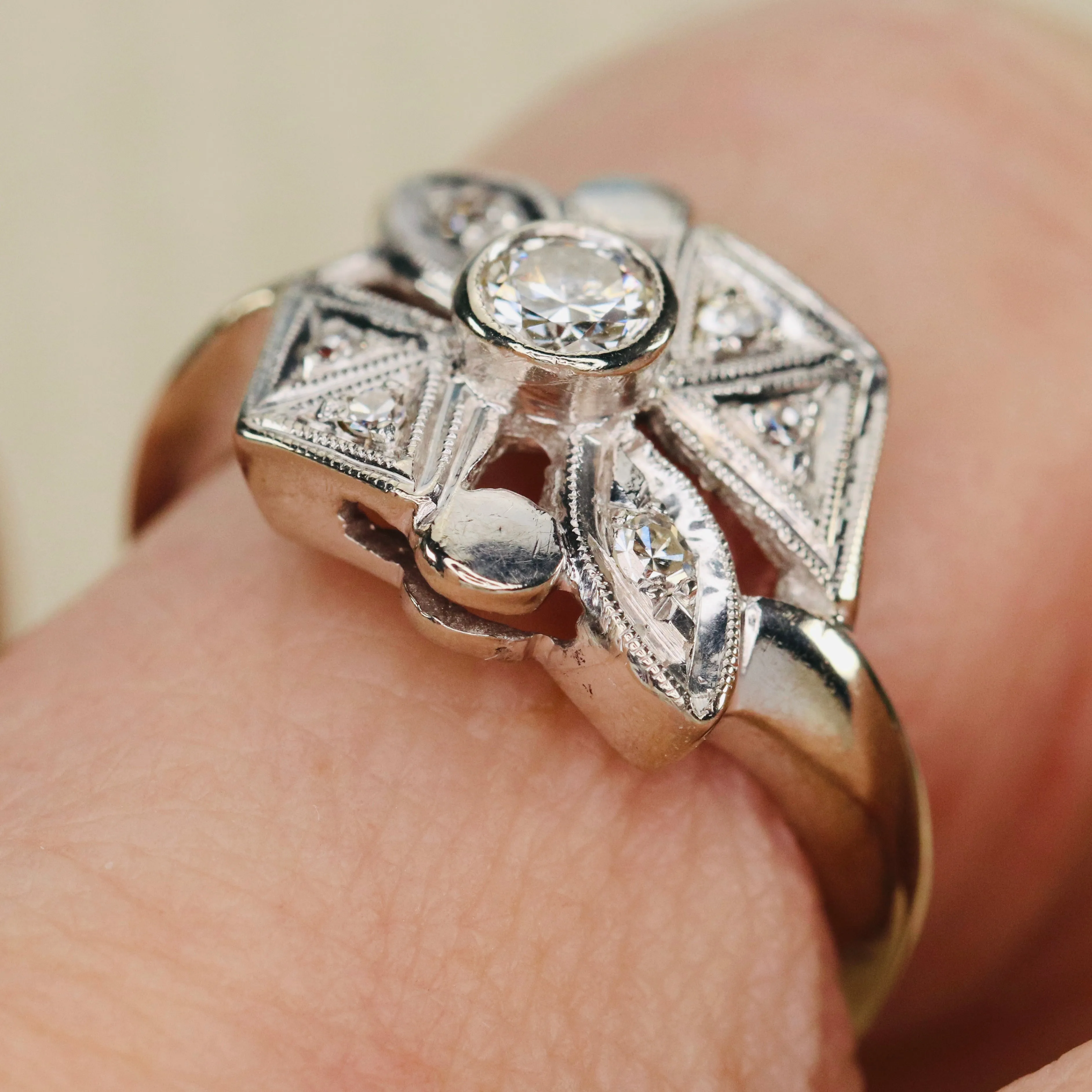 Vintage old cut diamond ring in 14k white gold