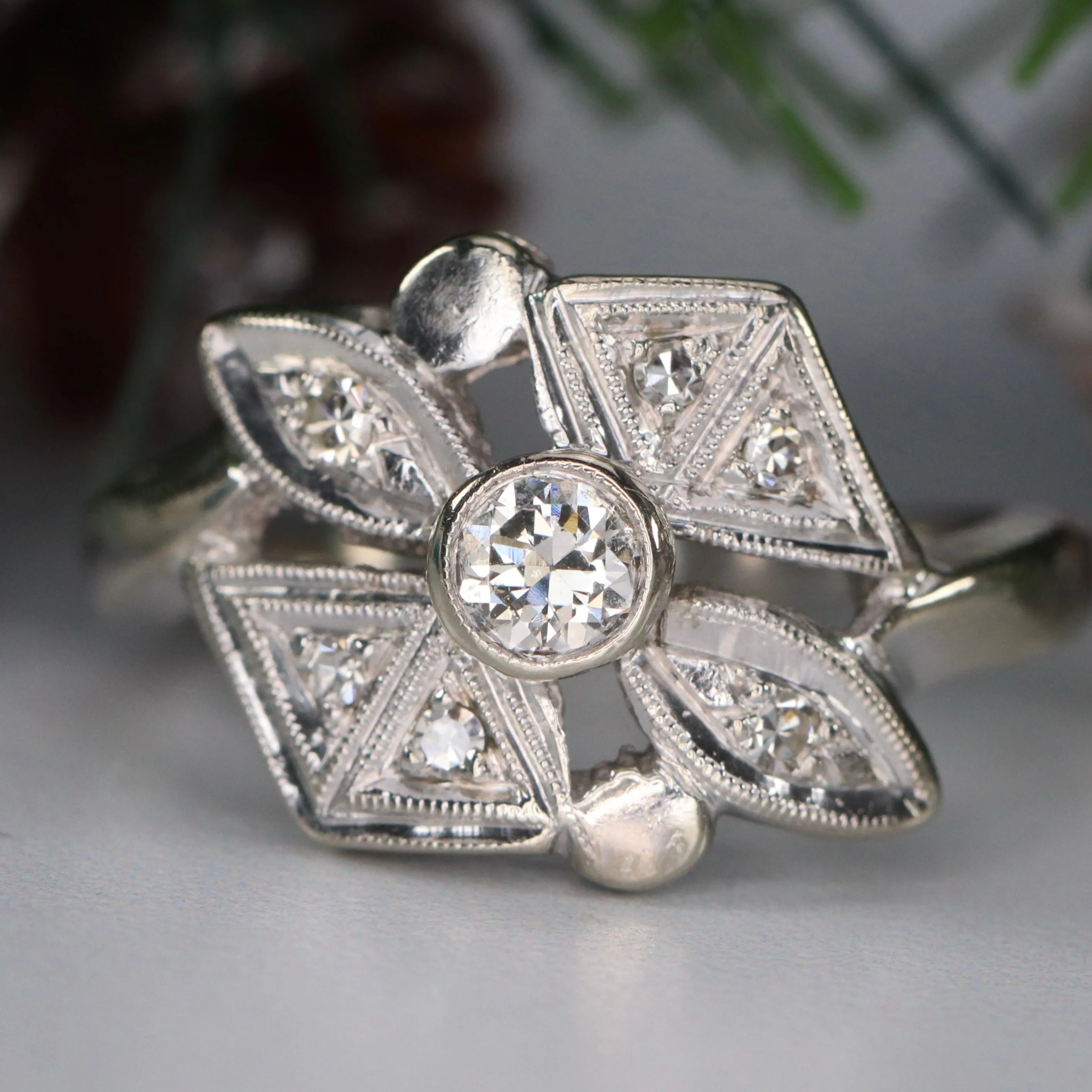Vintage old cut diamond ring in 14k white gold