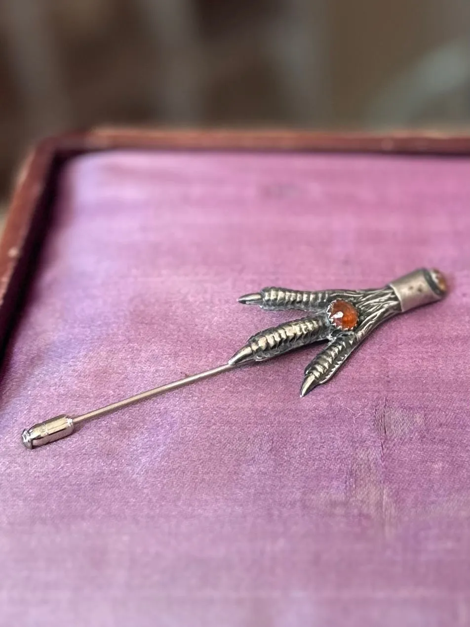 Vintage R118 Silver Tone Scottish Mizpah Grouse Claw Stickpin Brooch with Faceted Orange and Yellow Glass Stones
