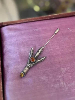 Vintage R118 Silver Tone Scottish Mizpah Grouse Claw Stickpin Brooch with Faceted Orange and Yellow Glass Stones