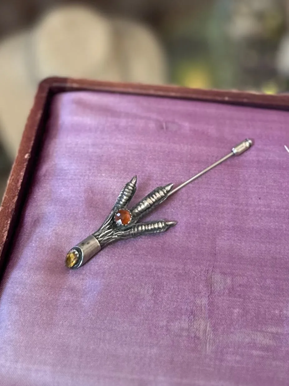 Vintage R118 Silver Tone Scottish Mizpah Grouse Claw Stickpin Brooch with Faceted Orange and Yellow Glass Stones
