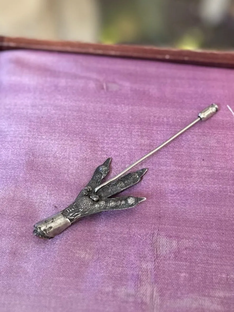 Vintage R118 Silver Tone Scottish Mizpah Grouse Claw Stickpin Brooch with Faceted Orange and Yellow Glass Stones