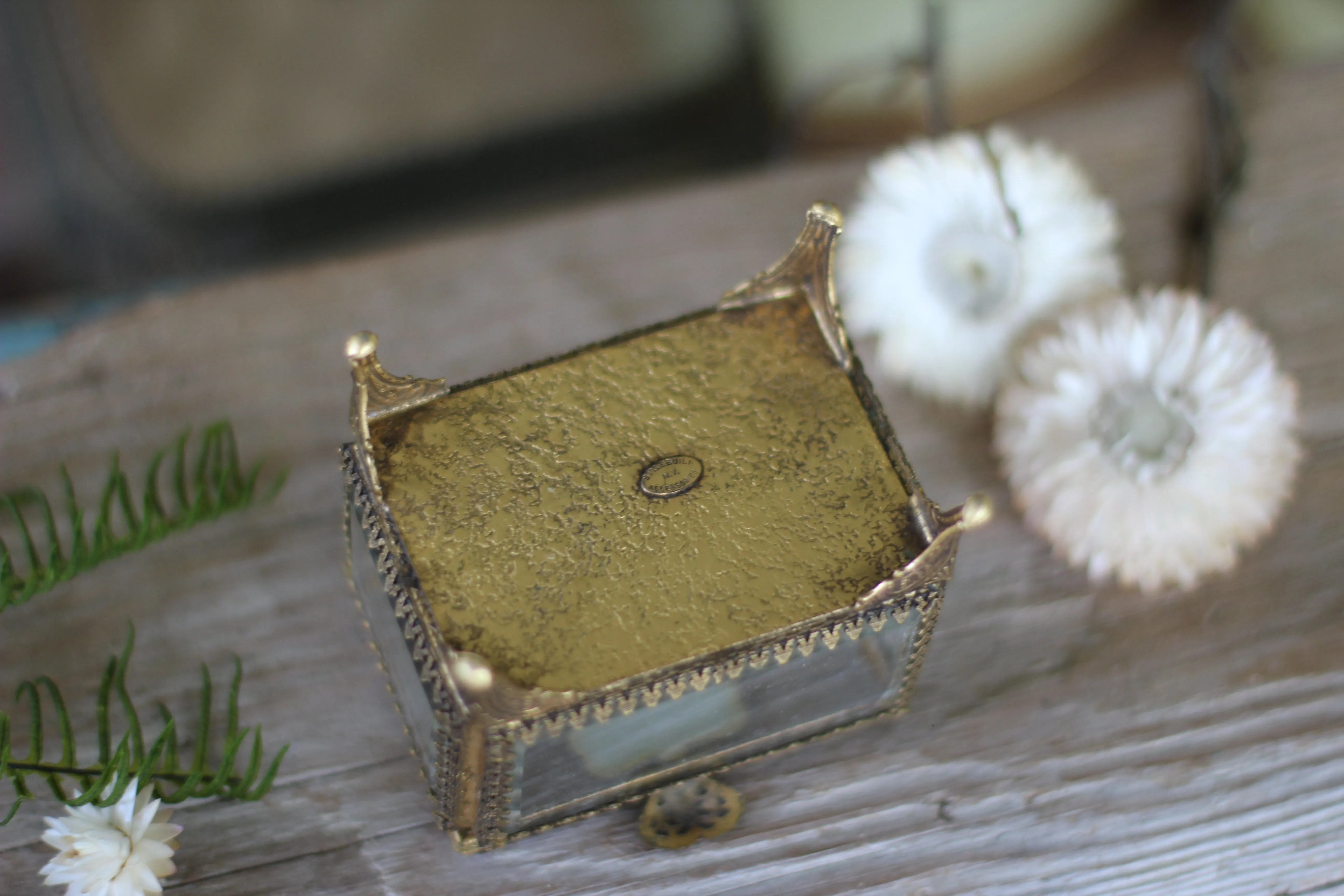 Vintage Small Ormolu Beveled Glass Jewelry Box